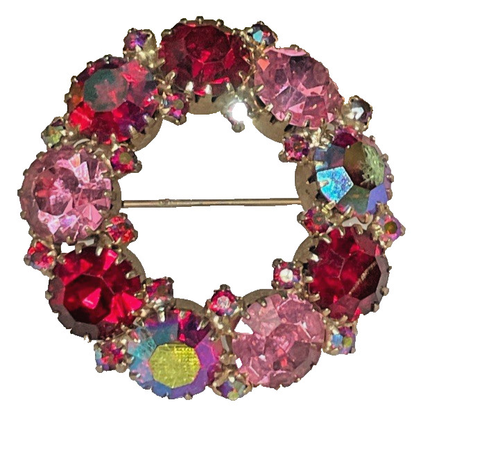 Vintage WEISS Brooch Pink Fuchsia Ruby Red Aurora Borealis Rhinestone Signed