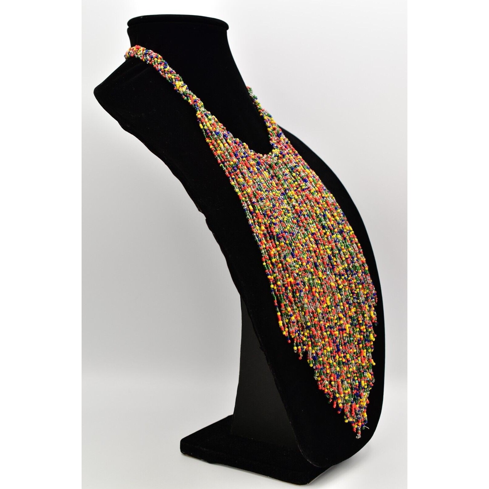 Vintage Rainbow Beaded Bib Statement Necklace Fringe Collar Colorful 70s BinA17