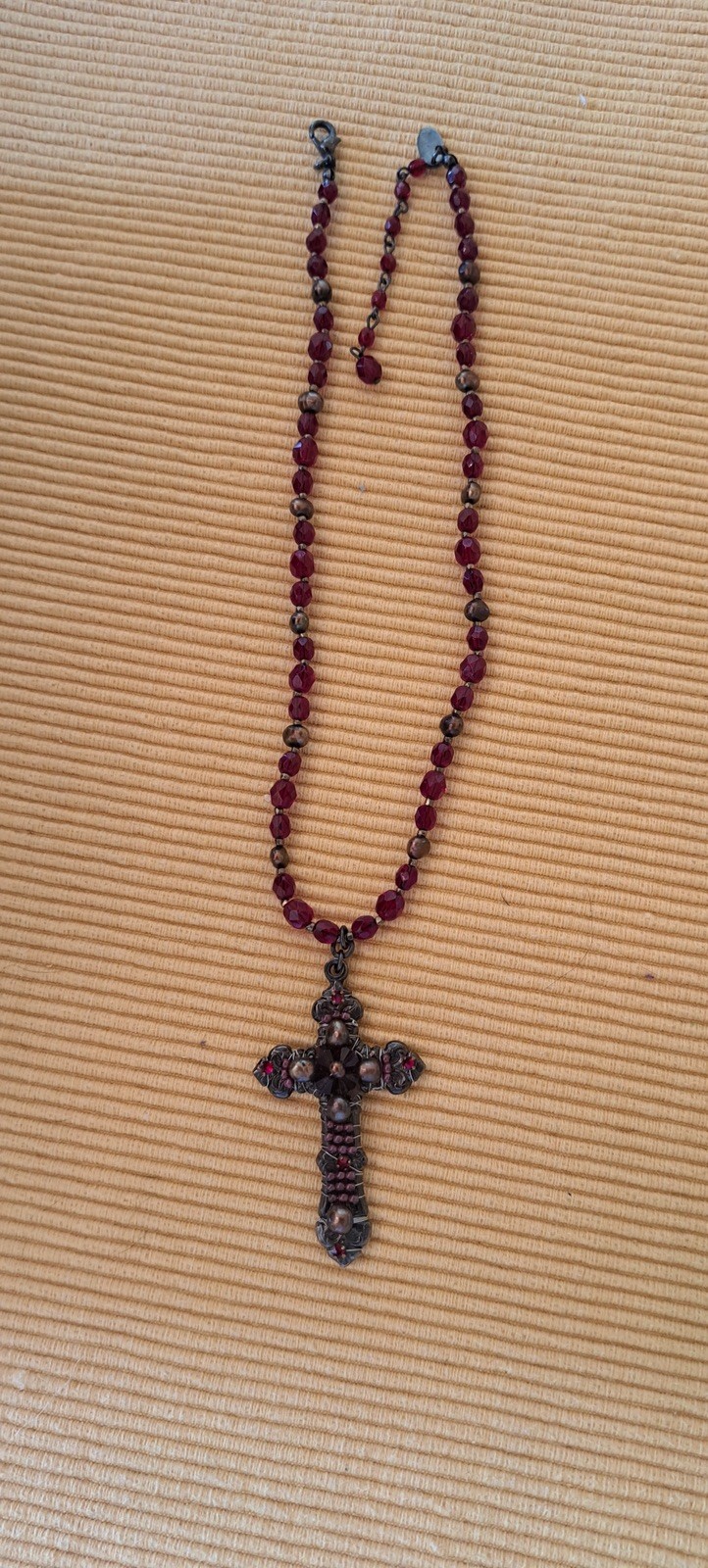 Vintage Signed Miriam Haskell Garnet Red Glass Bead Deco Necklace w Beaded Cross