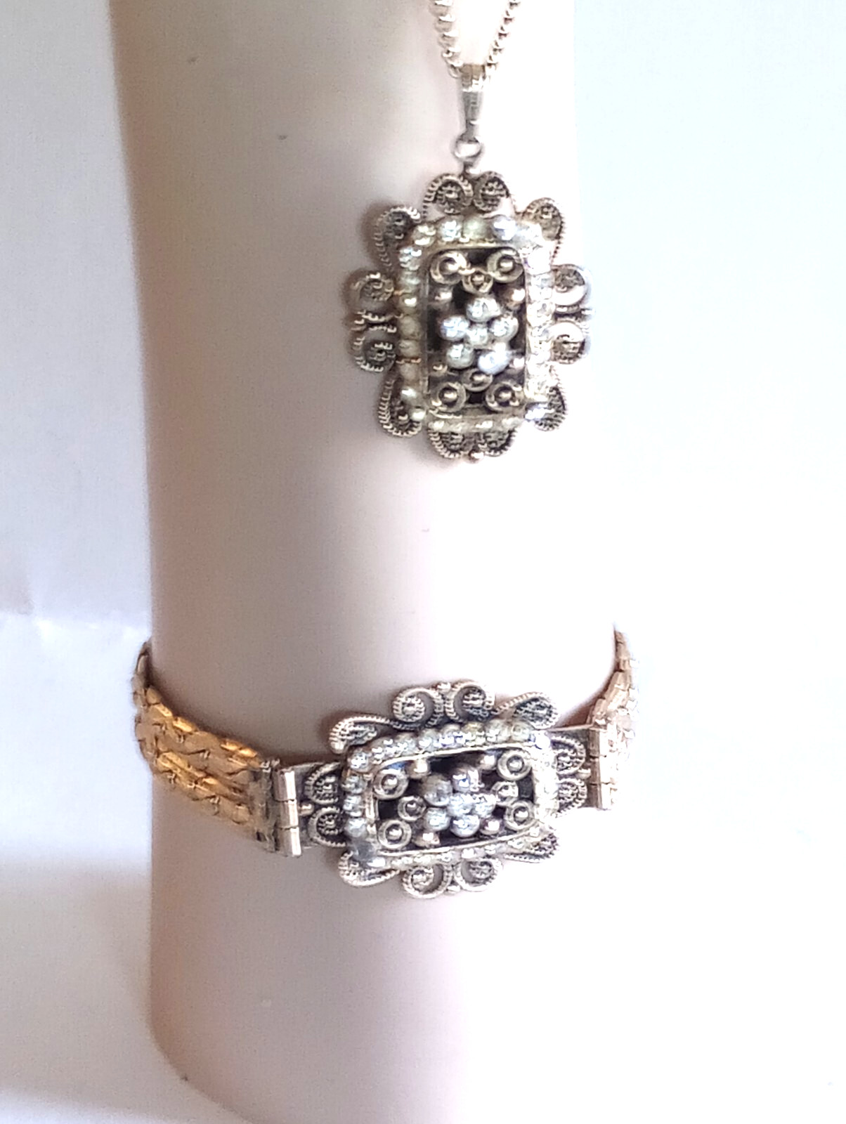 VINTAGE JEWELRY SET DECO FILIGREE CANNETILLE BRACELET PENDANT BRASS GOLD PLATED