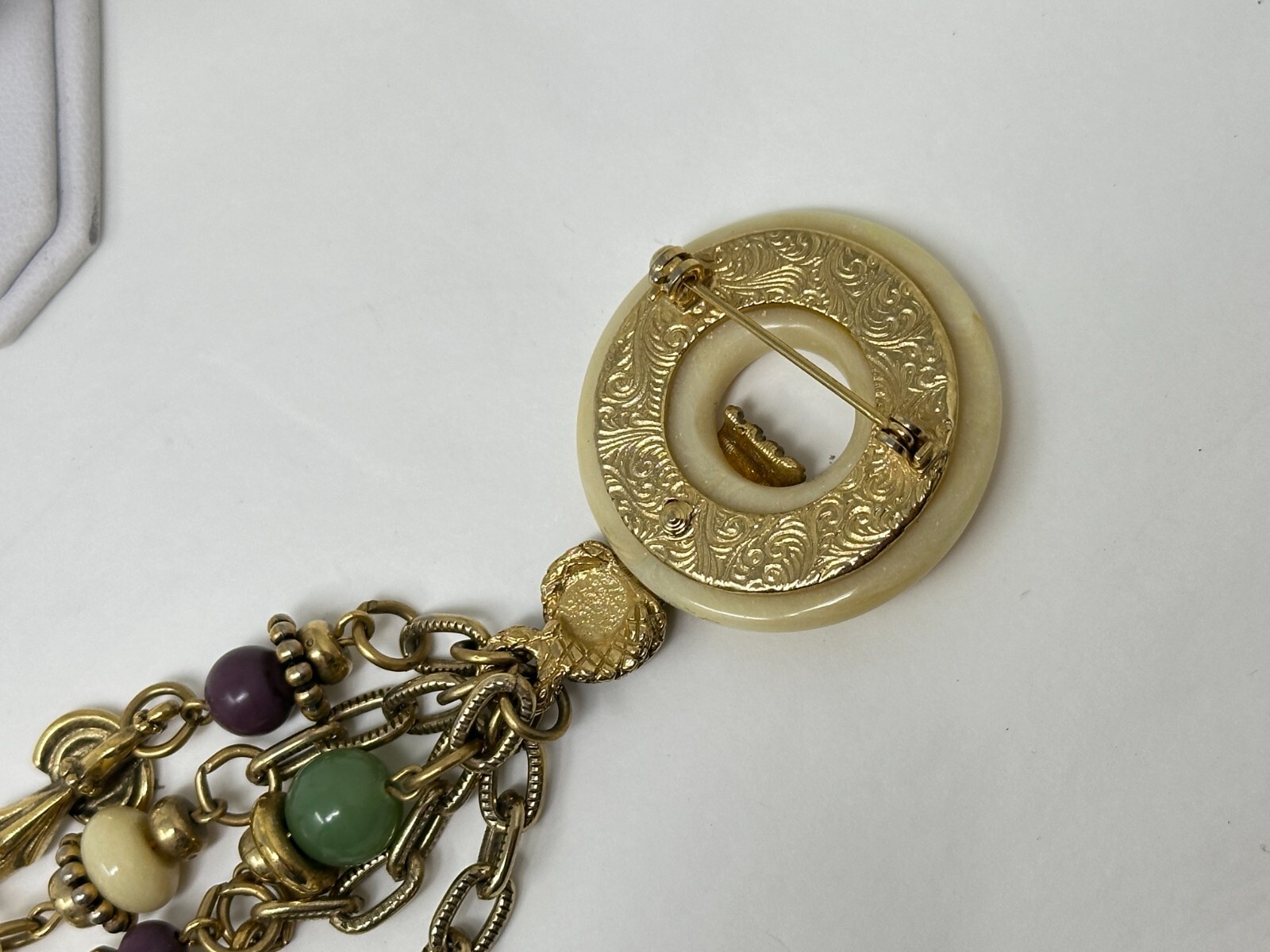 1928 Brand Goldtone Purple Cream Green Bead 5.75″ Long Fringe Brooch Pin