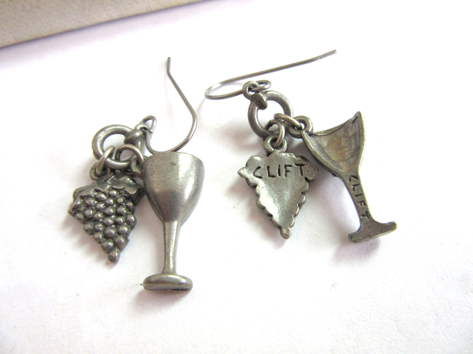 Vintage Jim Clift grapes and wine glass pewter charms pierced earrings