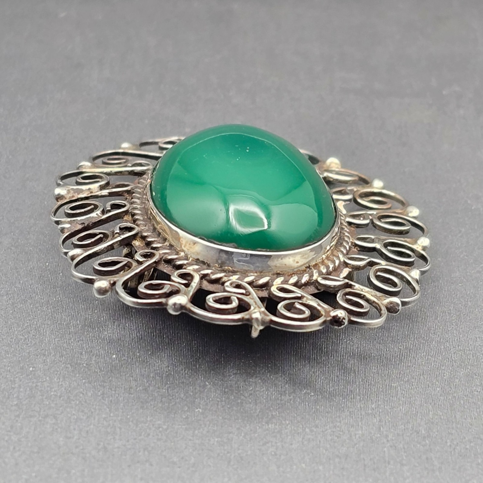 Vintage Mexican Sterling Silver Brooch Green Onyx Pendant 925 Filigree Statement