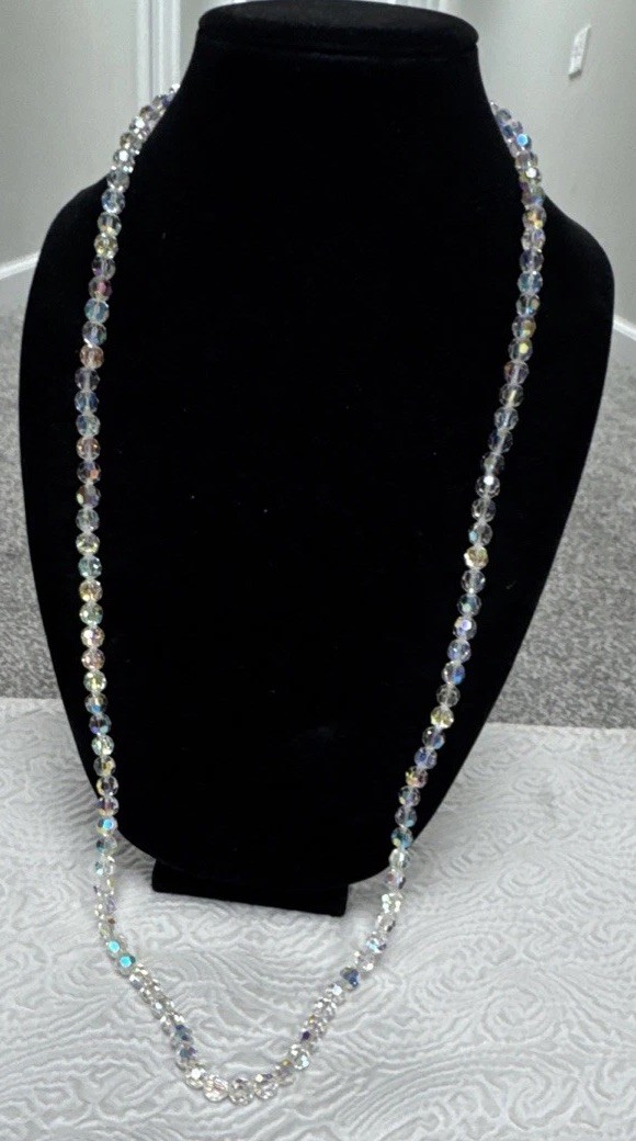 Vintage 1950-60s Czech Faceted Bicone Crystal Aurora Borealis Beaded 36”Necklace