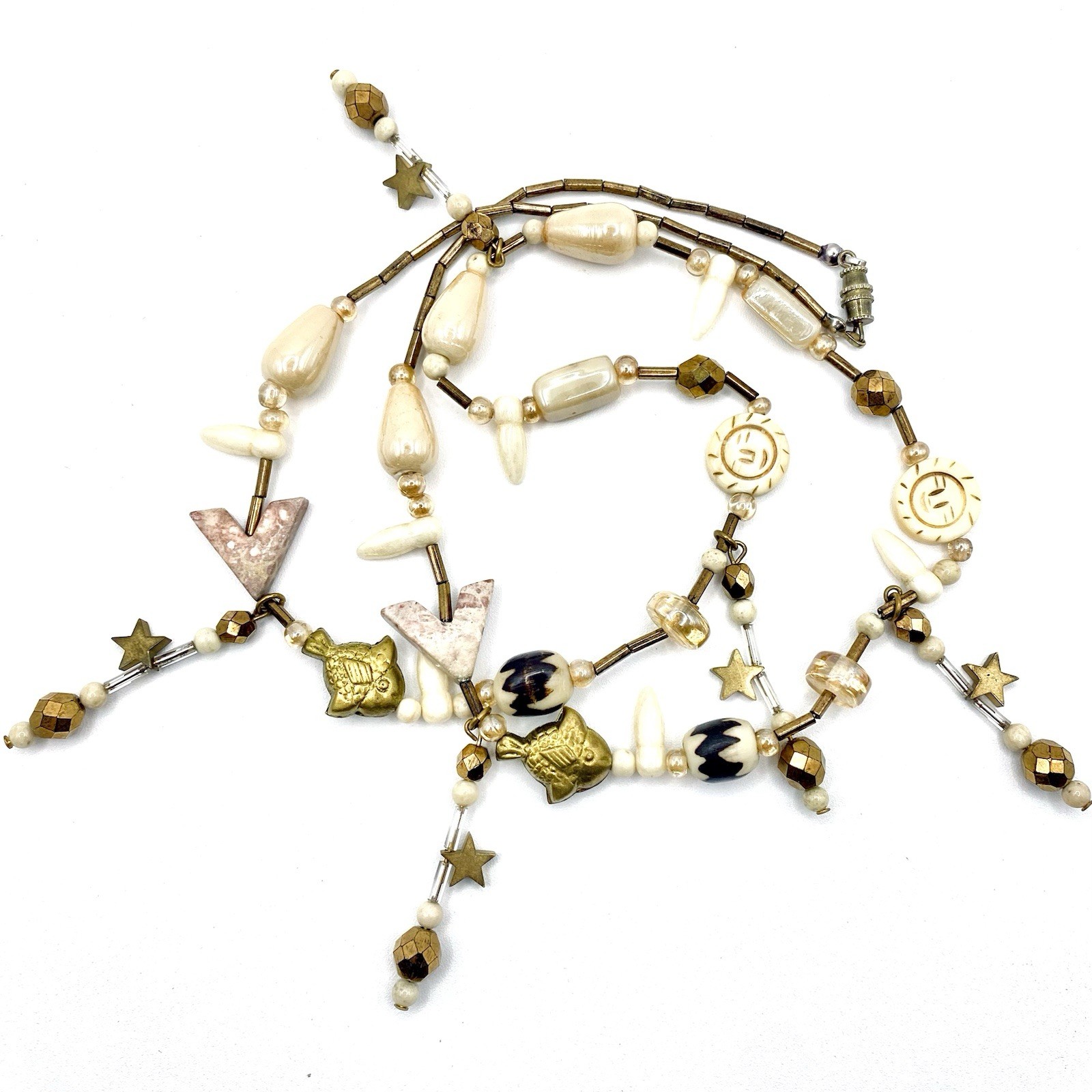 Vintage Tribal Celestial Gold Fish Porcelain Glass Whimsical Fringe Necklace