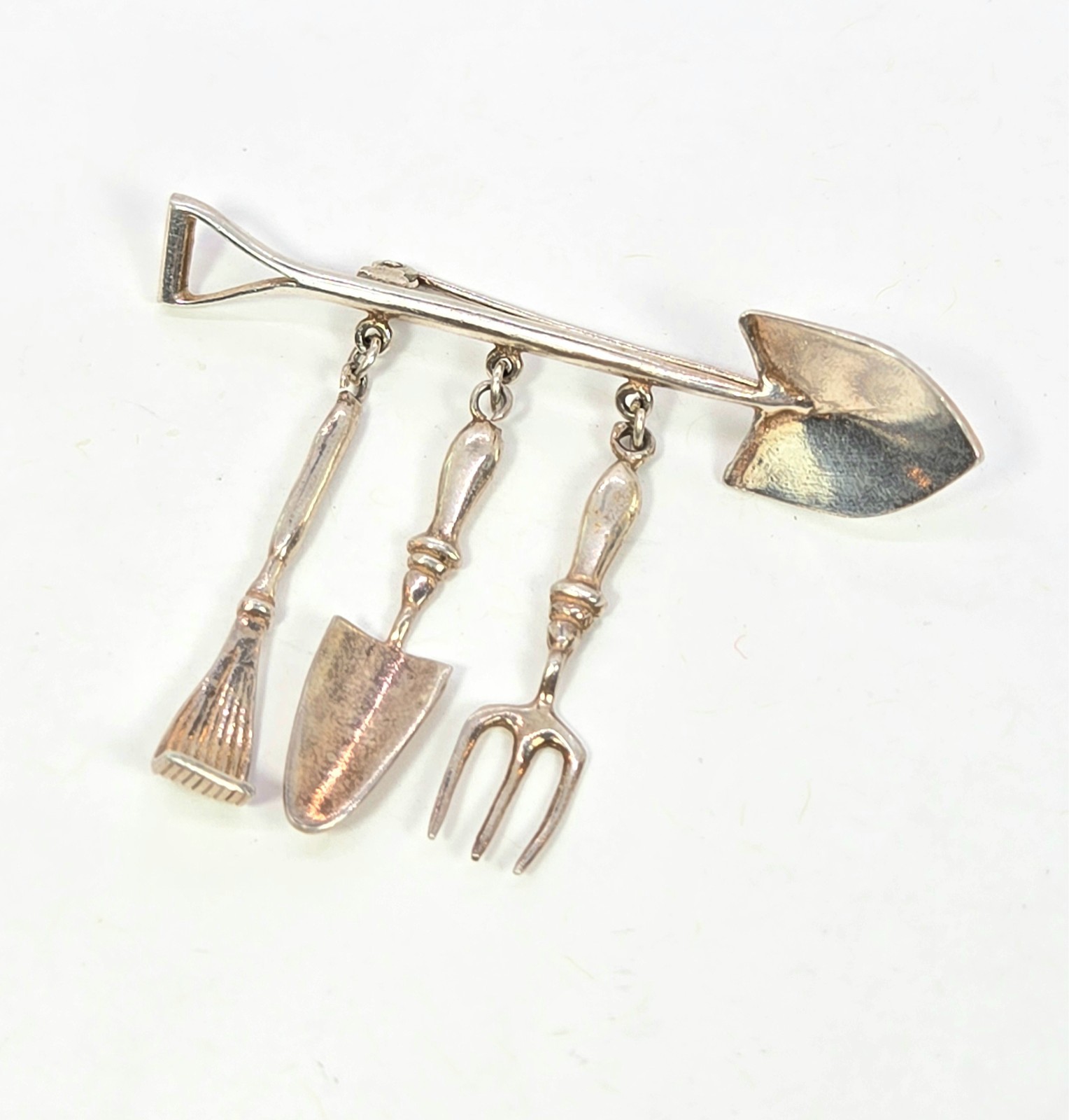 Vtg Sterling Gardening Brooch Pin Spade Trowel Fork Dangle Charm 925 Silver MEOW