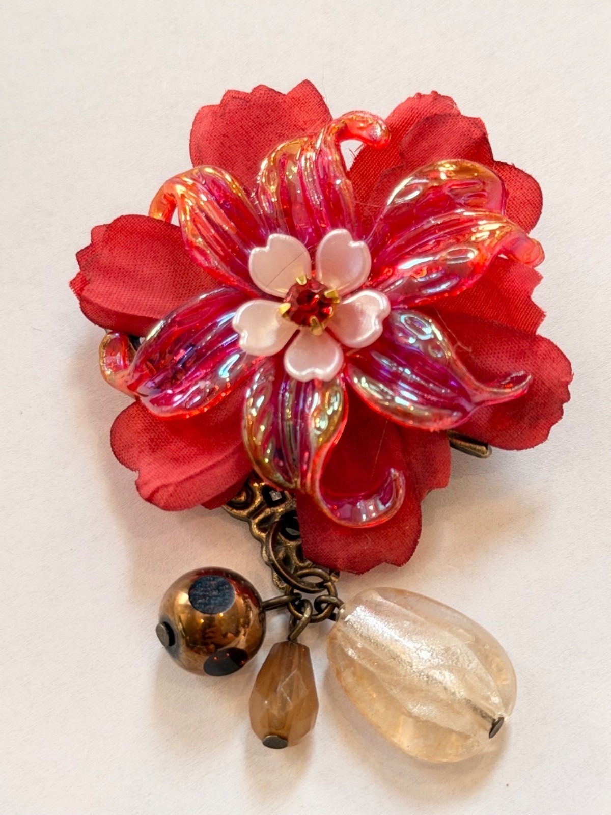 Red Floral Brooch With Crystal Beads & Metal Backing Vintage-Inspired Jewelry Ac
