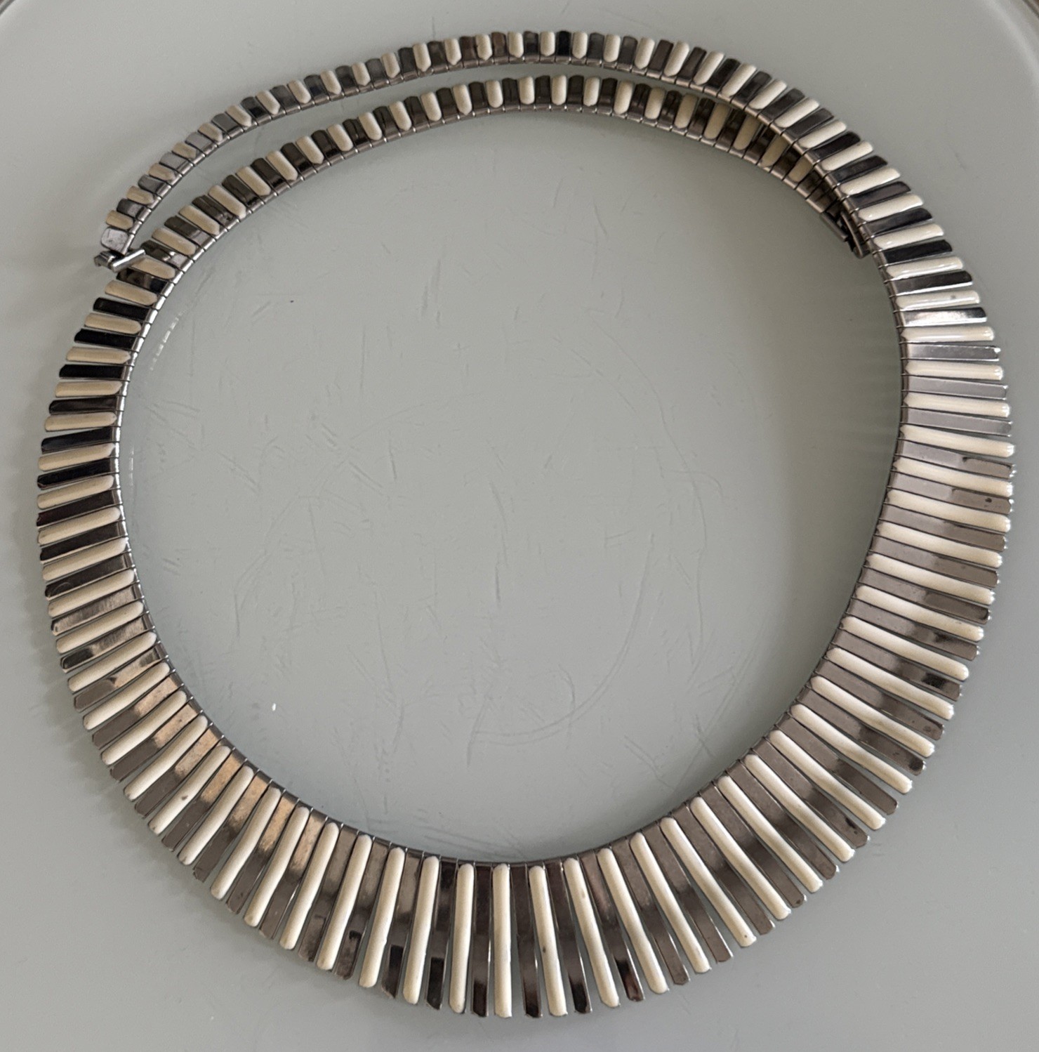 Vintage Cleopatra Style Necklace Silver Tone With White Enamel