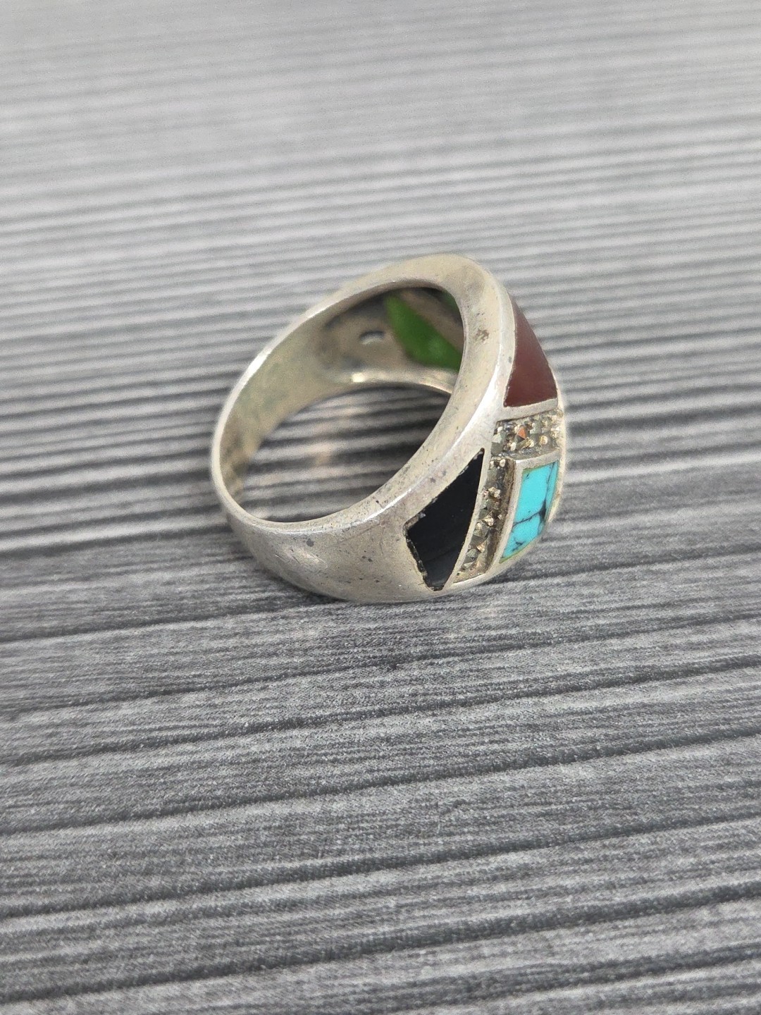 VTG Signed CW Sterling Silver 925 Marcasite & Inlaid Multi Gemstone Ring SIZE 8