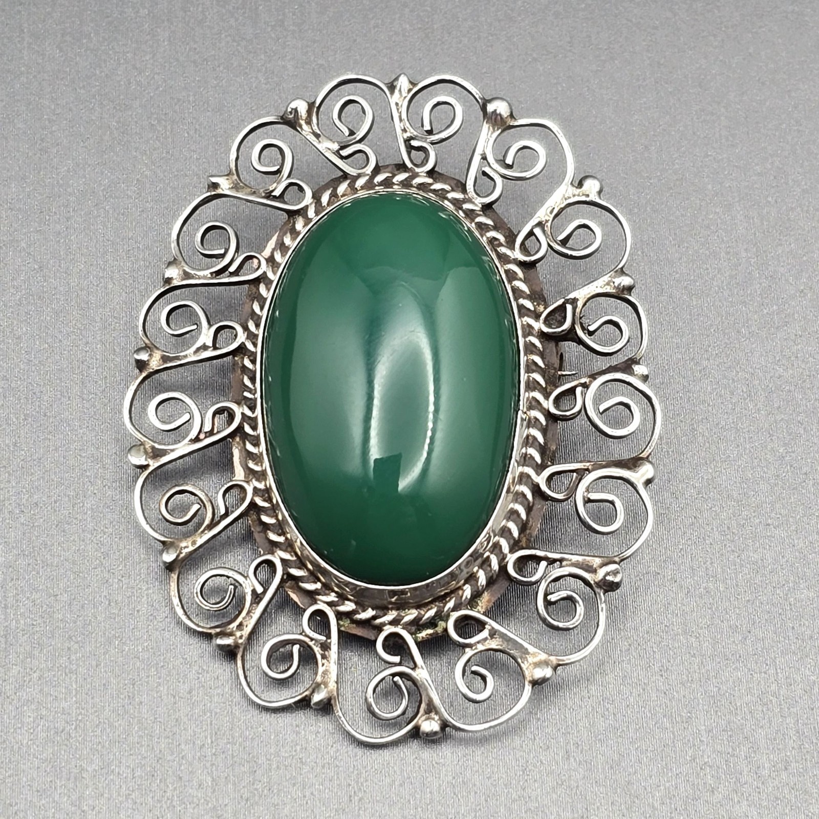 Vintage Mexican Sterling Silver Brooch Green Onyx Pendant 925 Filigree Statement