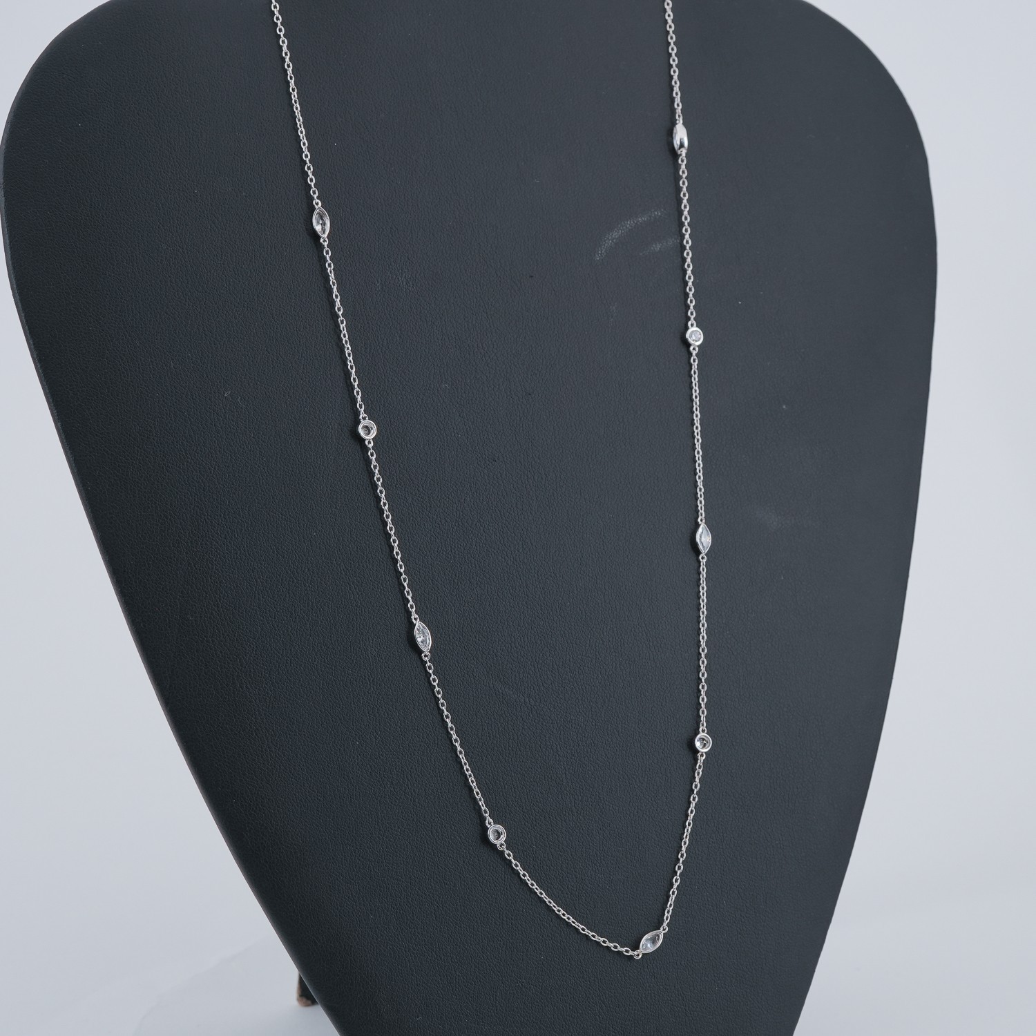 Sterling Silver CZ-by-the-Yard Station Necklace Marquise Round Open Bezel 36″