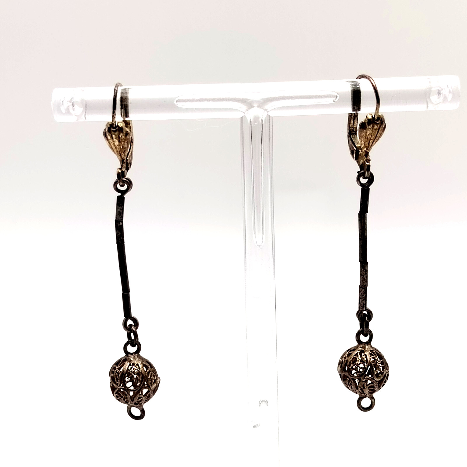 Vtg GES GESCH West Germany PIERCED Dangle Silver Tone Metal Earrings Art Deco