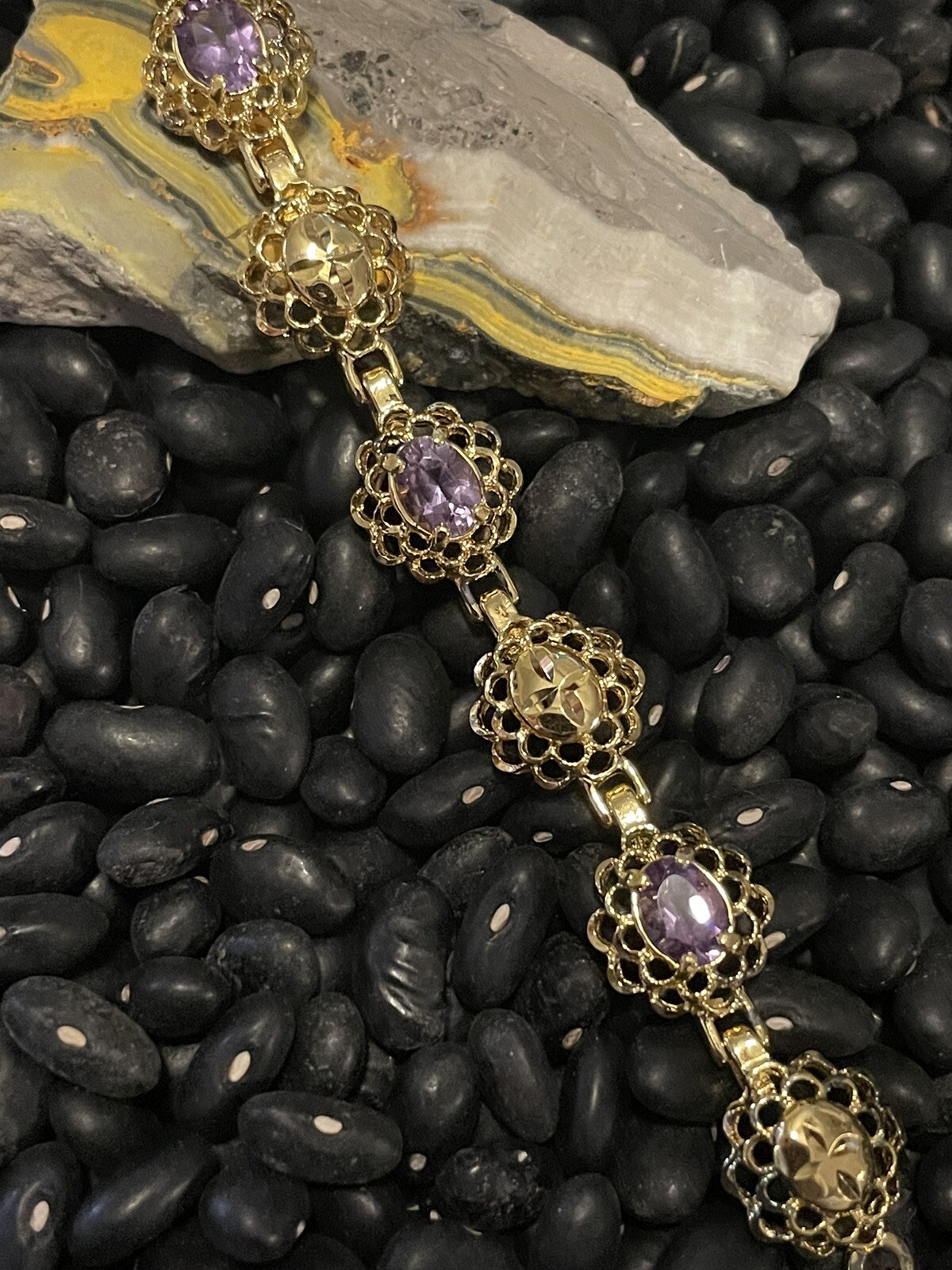 Sterling Silver Gold Vermeil Purple Amethyst Etched Open Work Tennis Bracelet