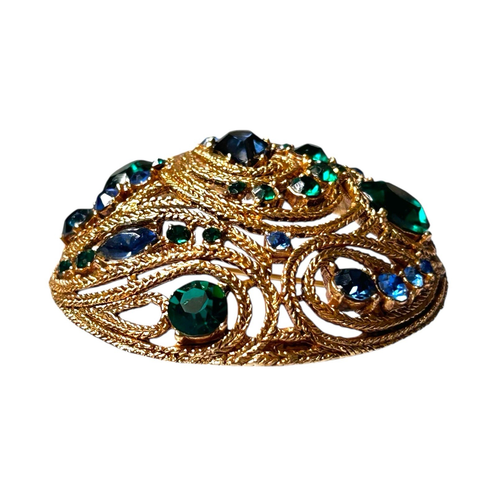 VTG La Roco DOMED BROOCH Blue Green Faceted Stones Braided Goldtone MCM Peacock
