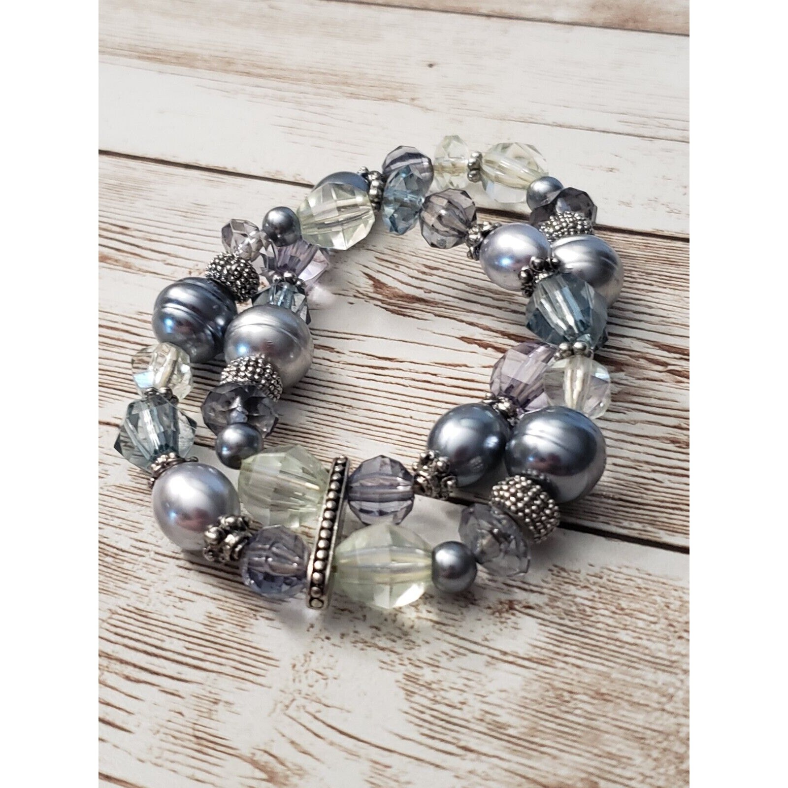 Vintage Stretch Bracelet / Bangle – Double Row Silvery Blue Tones