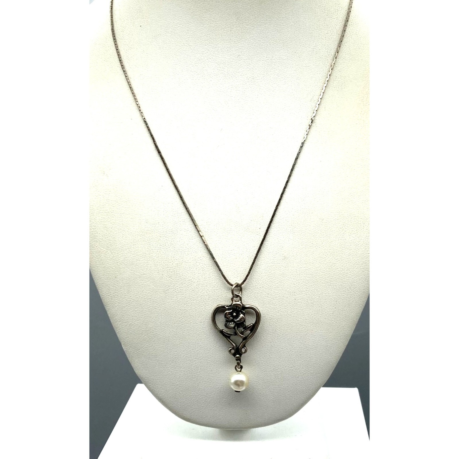 Vintage Hearts and Flowers Pendant with Pearl Drop on Delicate Silver Tone Chain