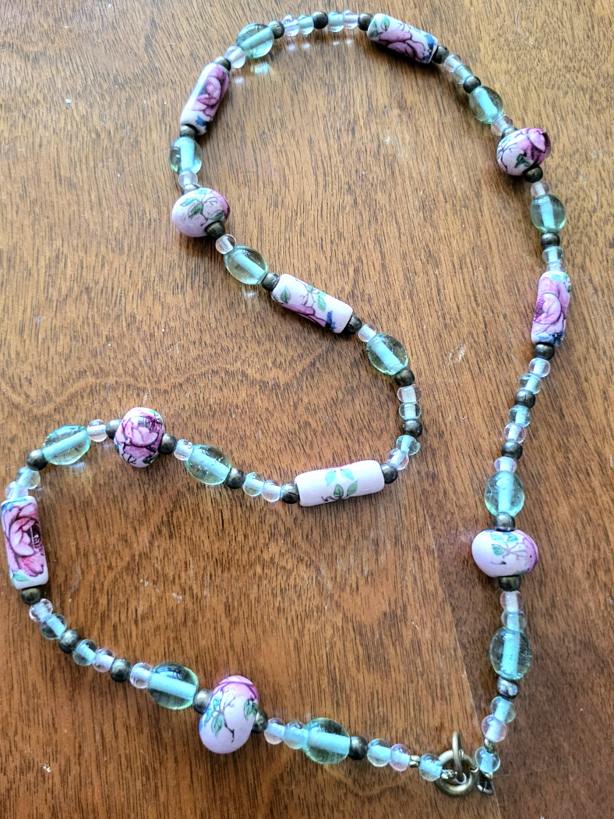 Vintage Cottagecore Sea Green Glass, Brass and Pink Porcelain Rose Bead Necklace