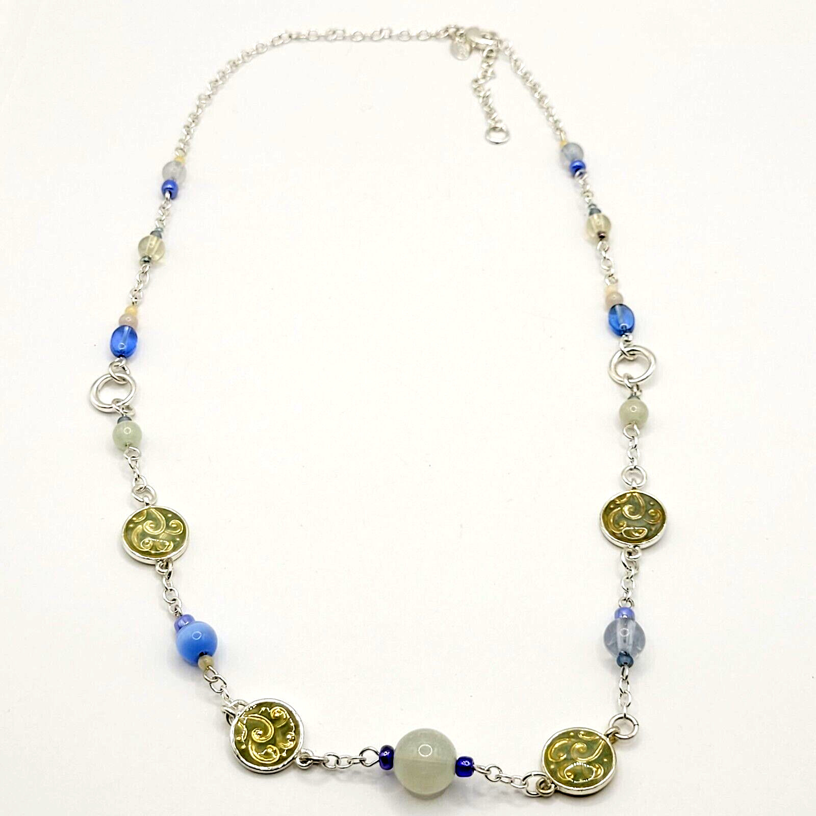 Blue & White Moonstone with Glass & Enamel Silver Tone Chain Necklace KR 24 Inch