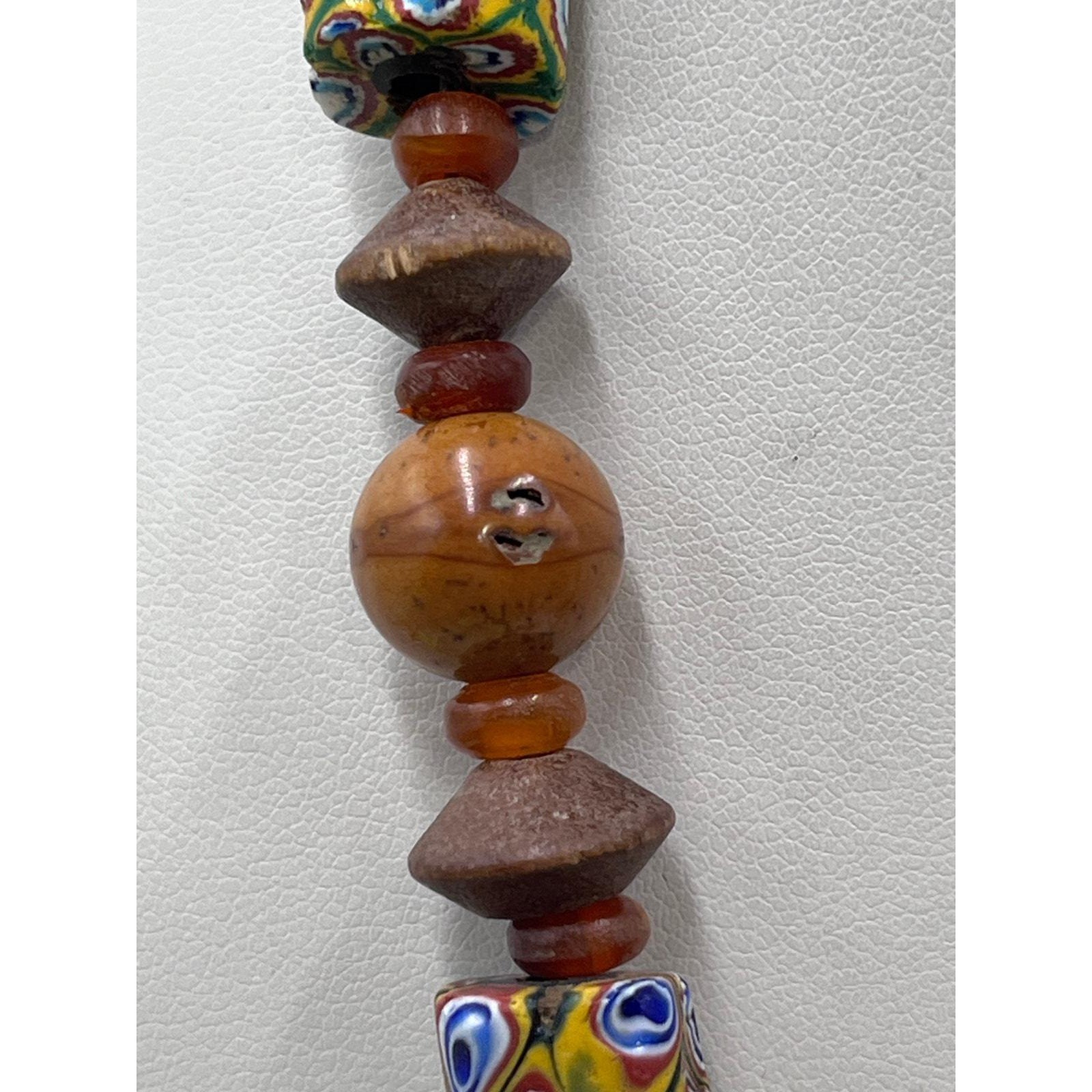 Antique Sterling Millefiori African Trade Bead Amber Resin Bakelite Necklace