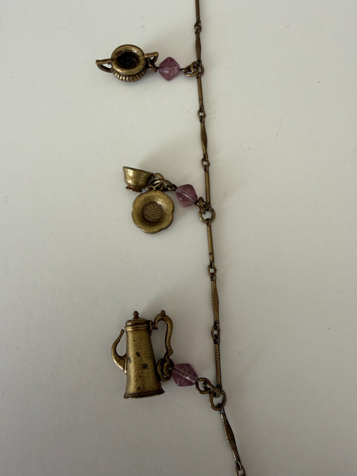 Sweet Romance USA Bronze Tone Teapot Charm Necklace w/Rose Crystal Beads 27″
