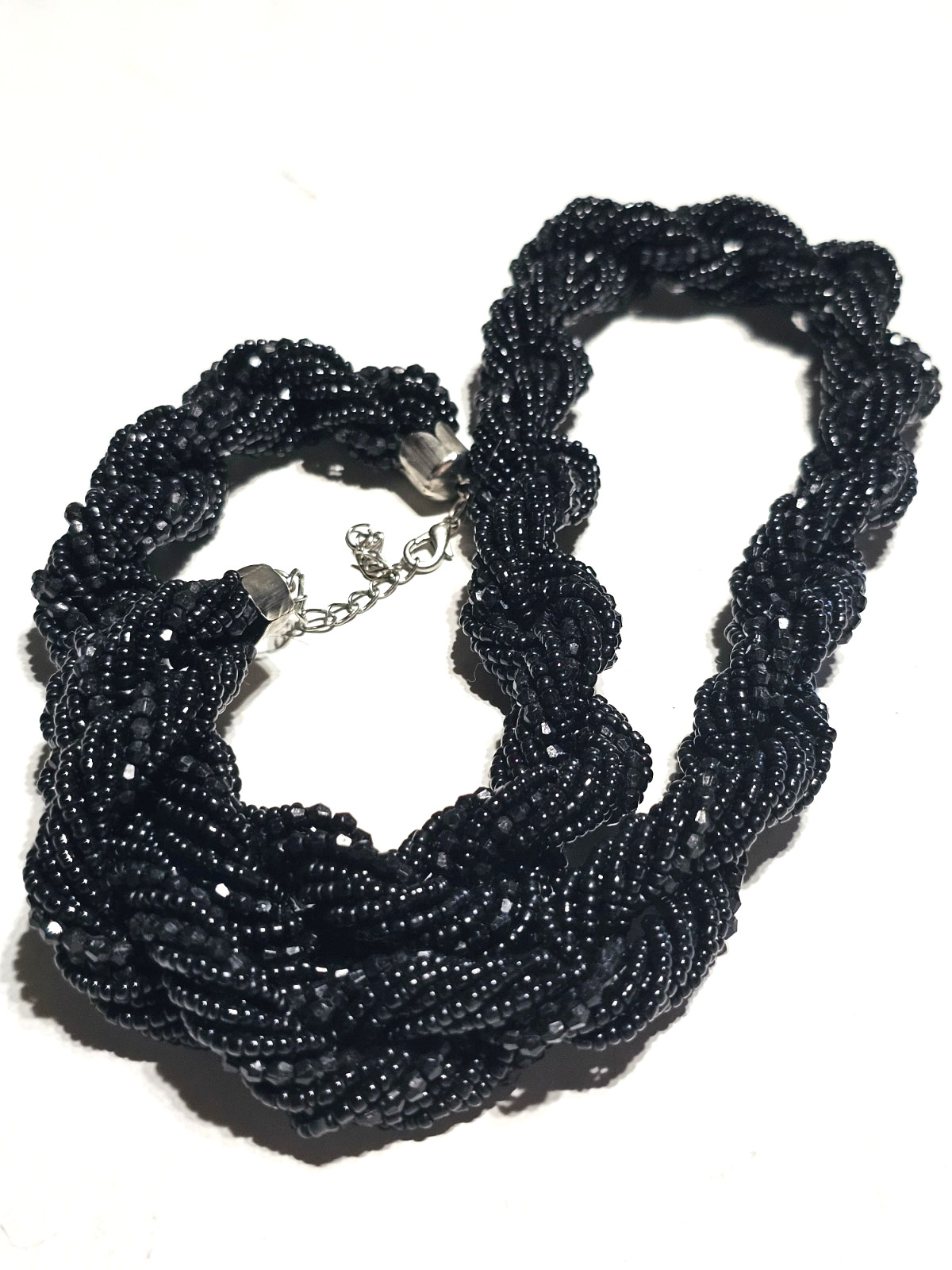 TWISTED STRAND BLACK GLASS SEAD BEAD NECKLACE, EARRINGS & BRACELET – VINTAGE