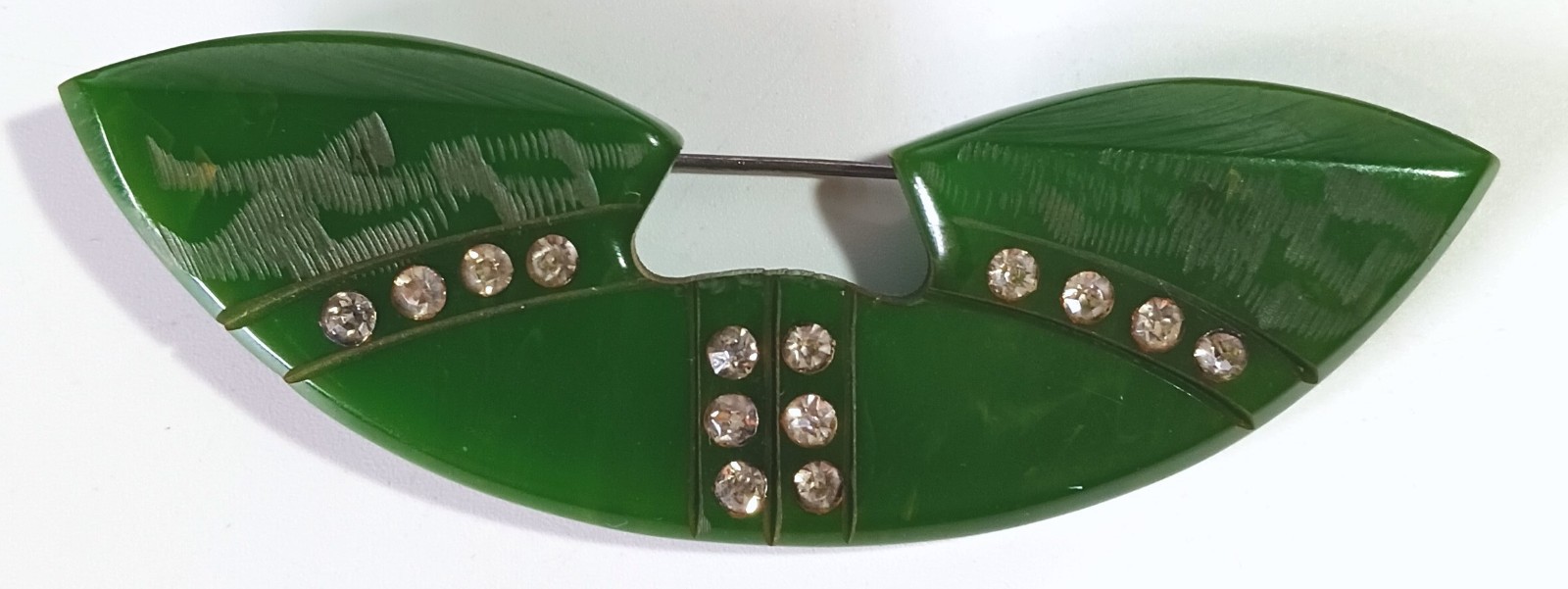 Vintage Art Deco Dark Green Bakelite Brooch w/ White Rhinestone Lines