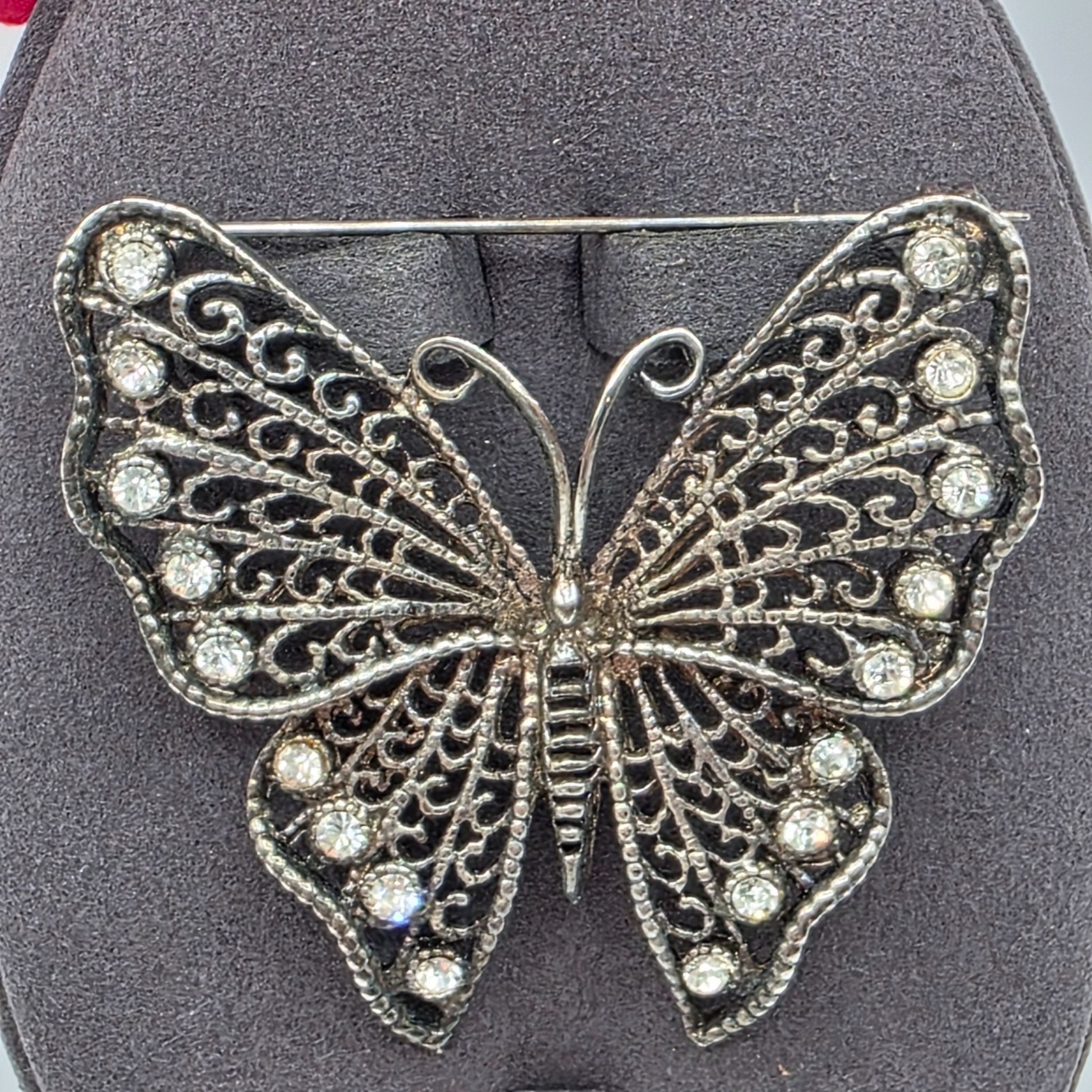 Vintage Filigree Butterfly Brooch Rhinestone Silver Tone Metal Pin Jewelry