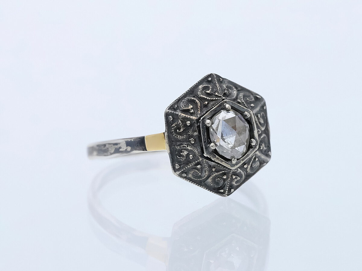 Antique Ring 0.35ct. Solitaire Diamond 585 Yellow Gold 925 Silver Deta Jewelry