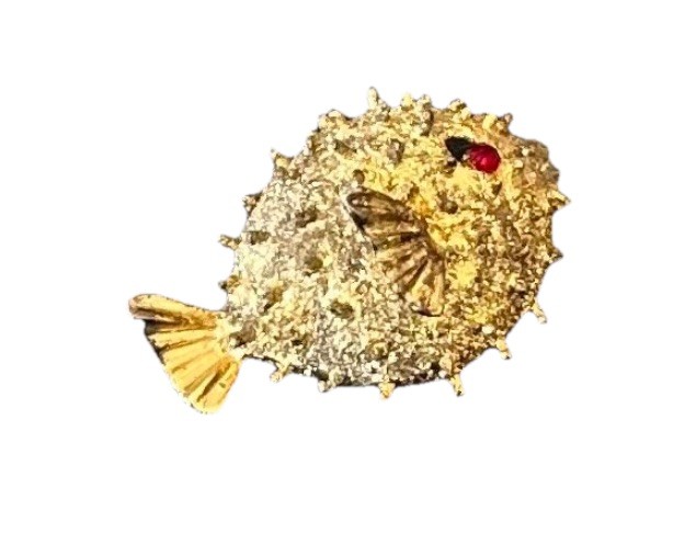 VTG Puffer Fish Rhinestone Ruby Eye Sterling Silver & Gold Vermeil Pendant