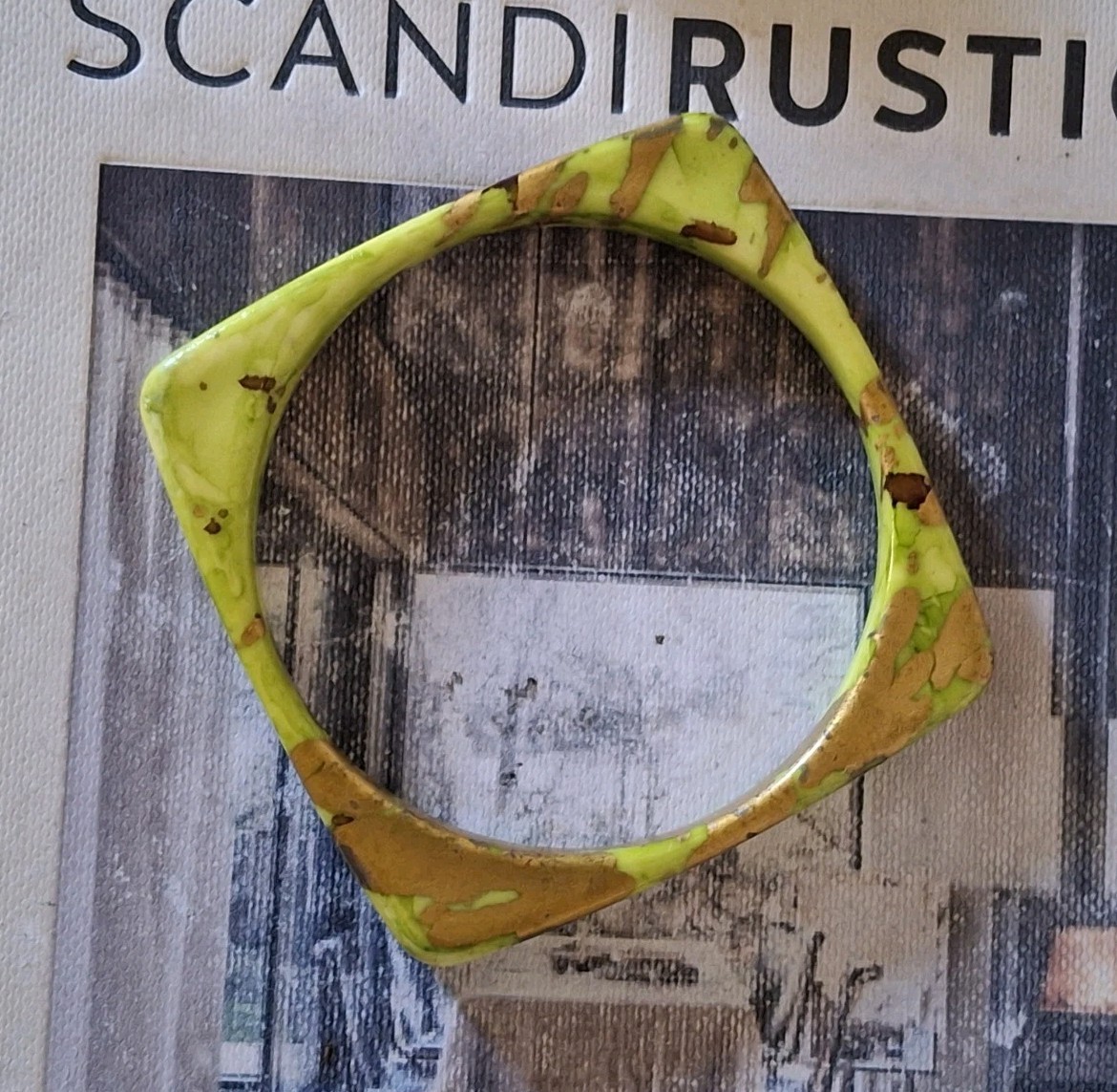 Vintage Lime Green Gold Brown Swirled Bracelet Bangle Unique