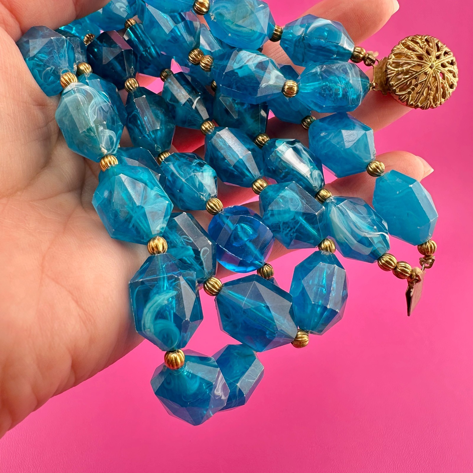 Vintage Necklace Aqua Blue Marbled Acrylic 2 Strand Filigree Clasp Faceted Bead