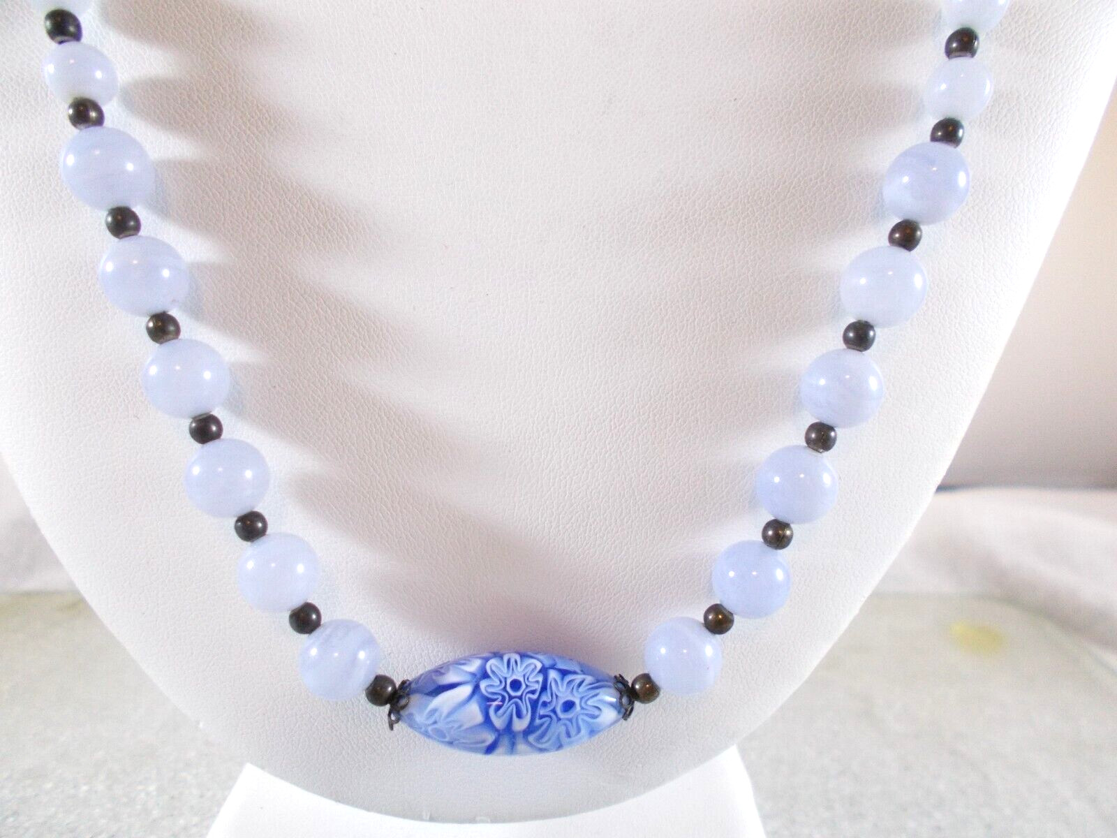 Graduated Blue Glass Bead Necklace with Millefiori Bead Accents Fish Hook Clasp
