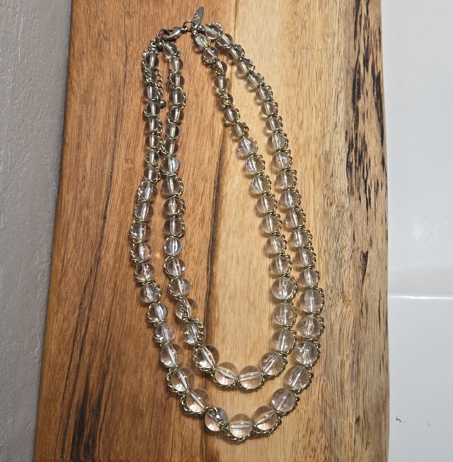 Vintage Layered Clear Glass Beaded Necklace with Hook Clasp and Metal Chain