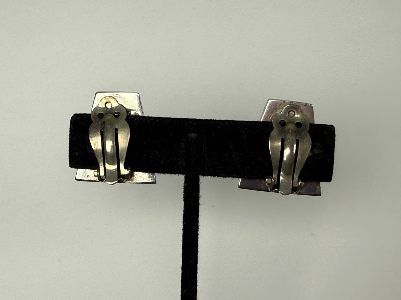 VTG Sterling 925 Black Enamel Mexico Taxco Clip On Earrings Geometric Modernist
