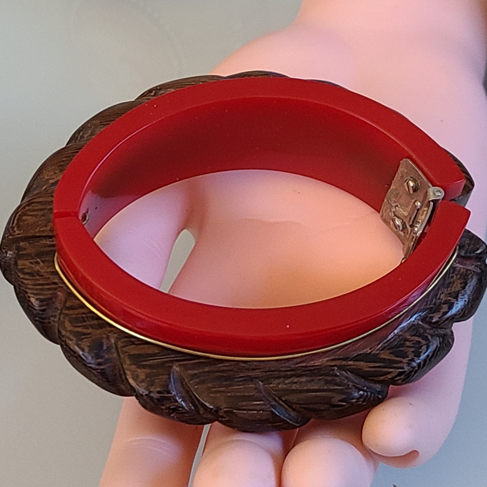 DANNIJO Vintage Carved Wood & Red Resin Hinged Bangle Bracelet Chunky Boho Cuff