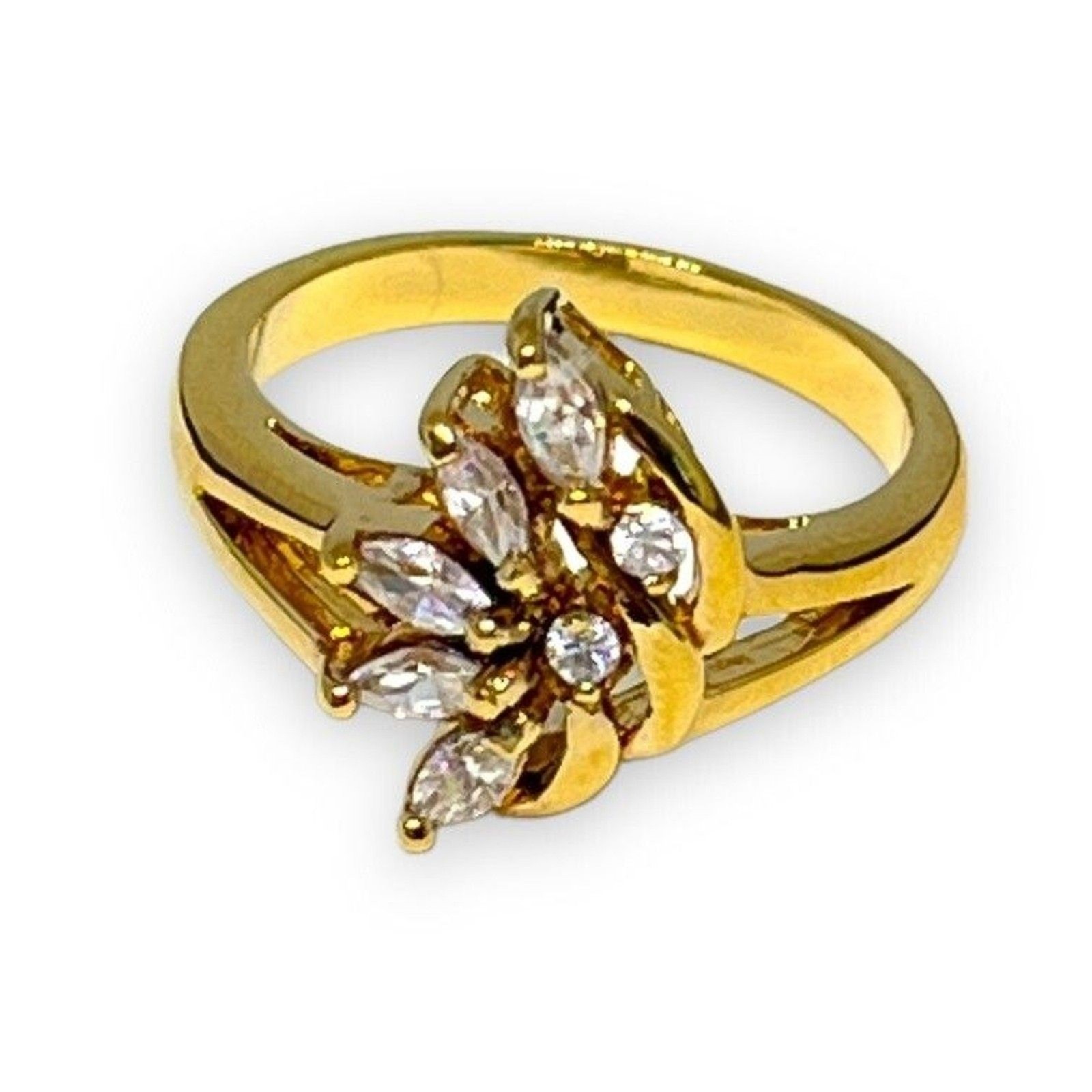 Vintage 1970s Ring Size 6 CZ Cluster Marquise Prong Set Gold Plated – 14I