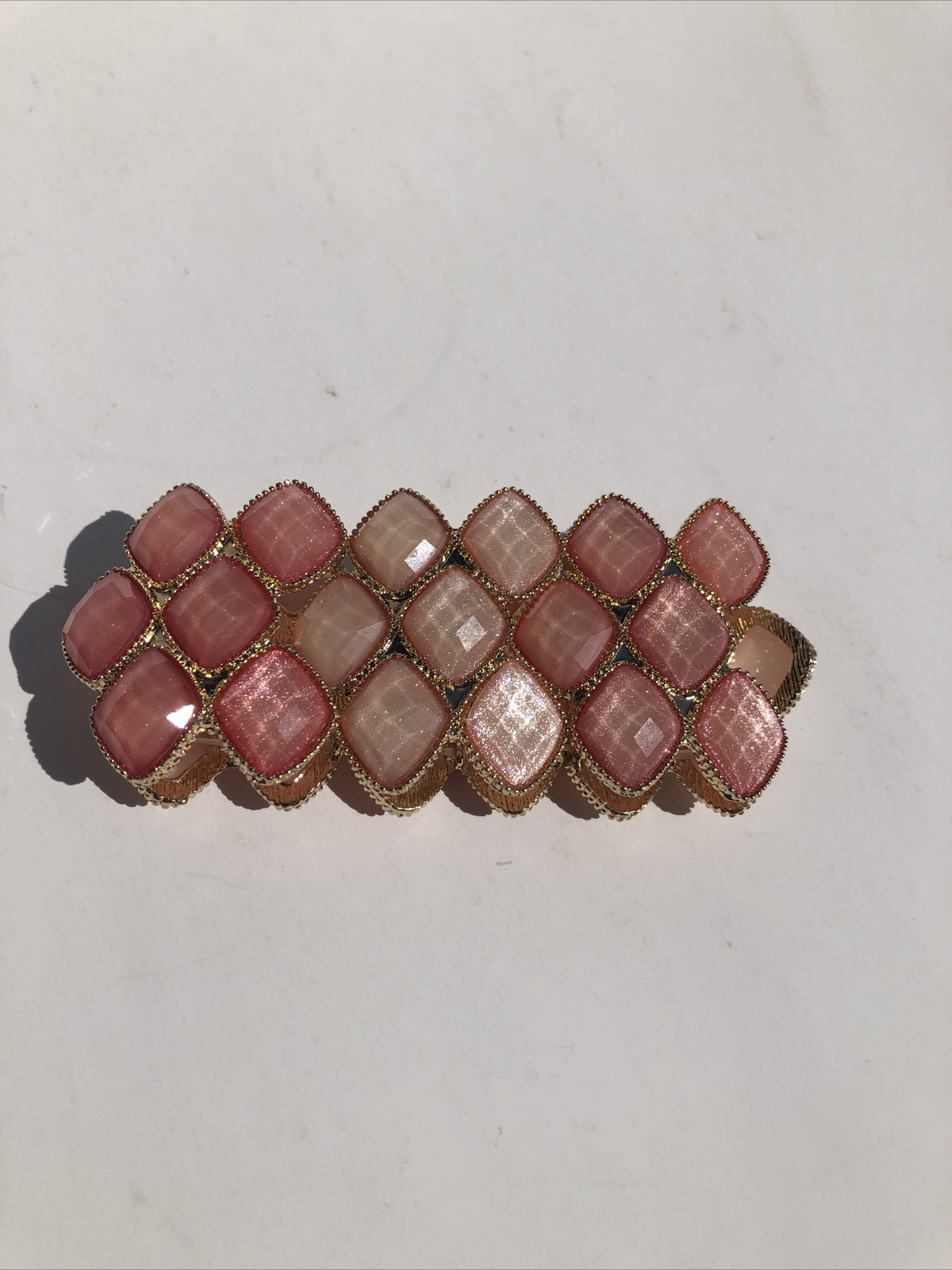 Pink Stone Stretch Cuff Bracelet Gold Tone Statement Piece Costume Jewelry