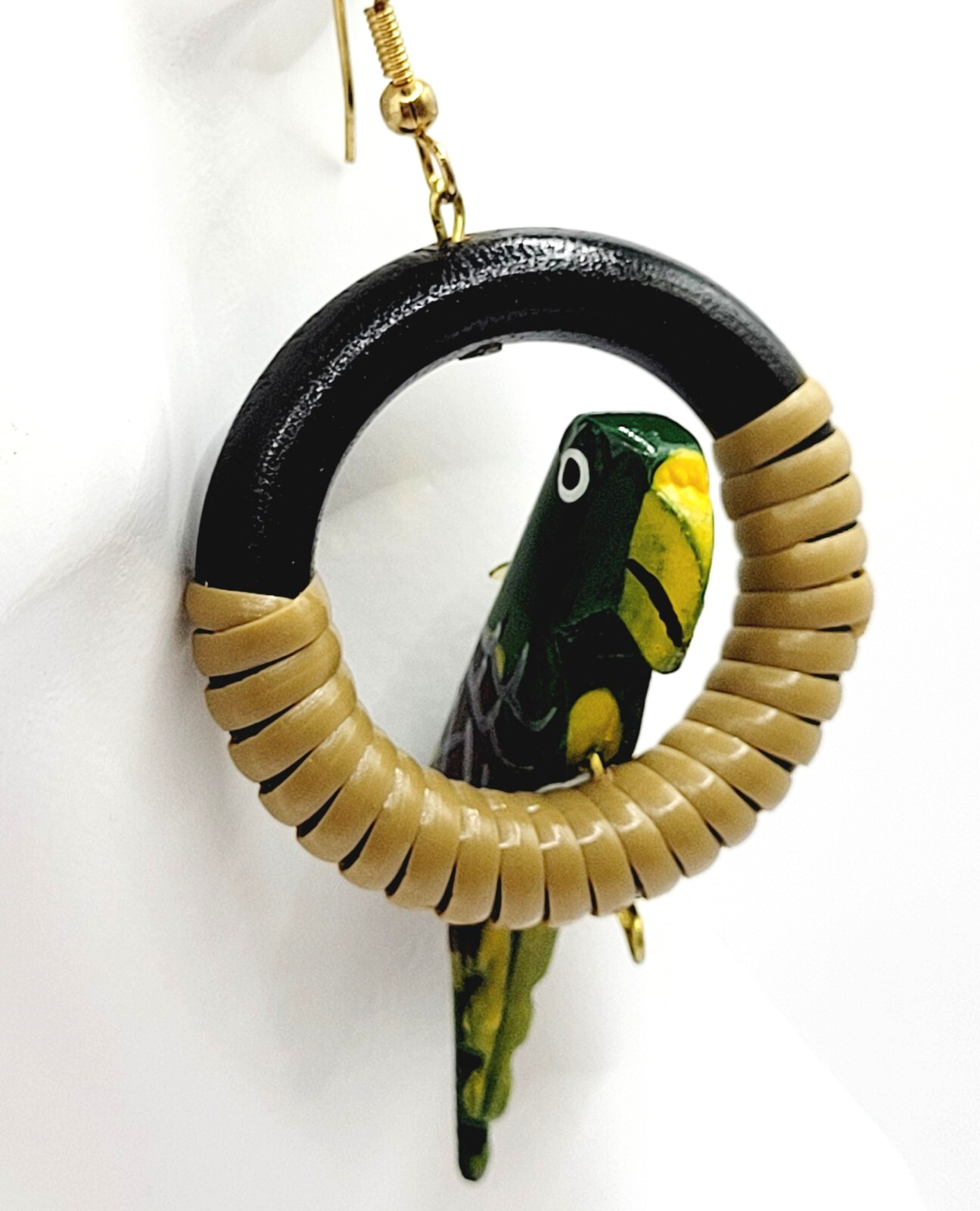 Parrot Macaw Tropical Hand Painted Carved Bird on Hoop Hook Pierced Vtg Earrings