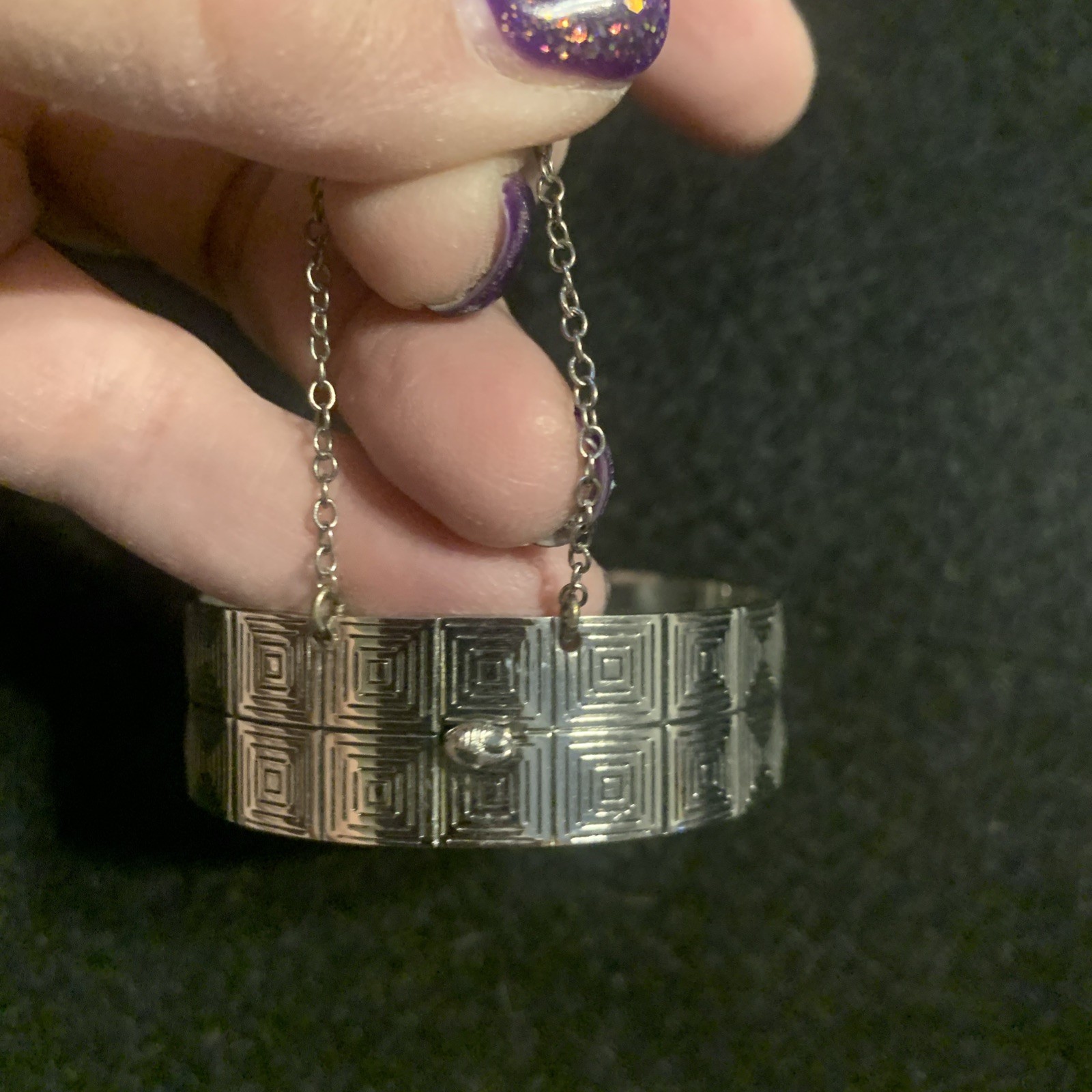 Vintage Whiting And Davis Geometric Silver Tone Bracelet Clamper With Chain