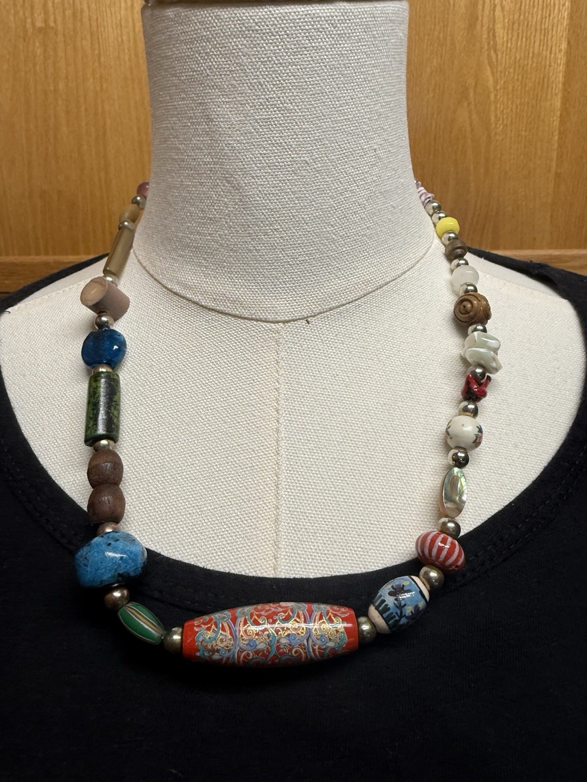 Vintage Mixed Bead Multicolor Necklace Shell Wood Ceramic Metal Glass