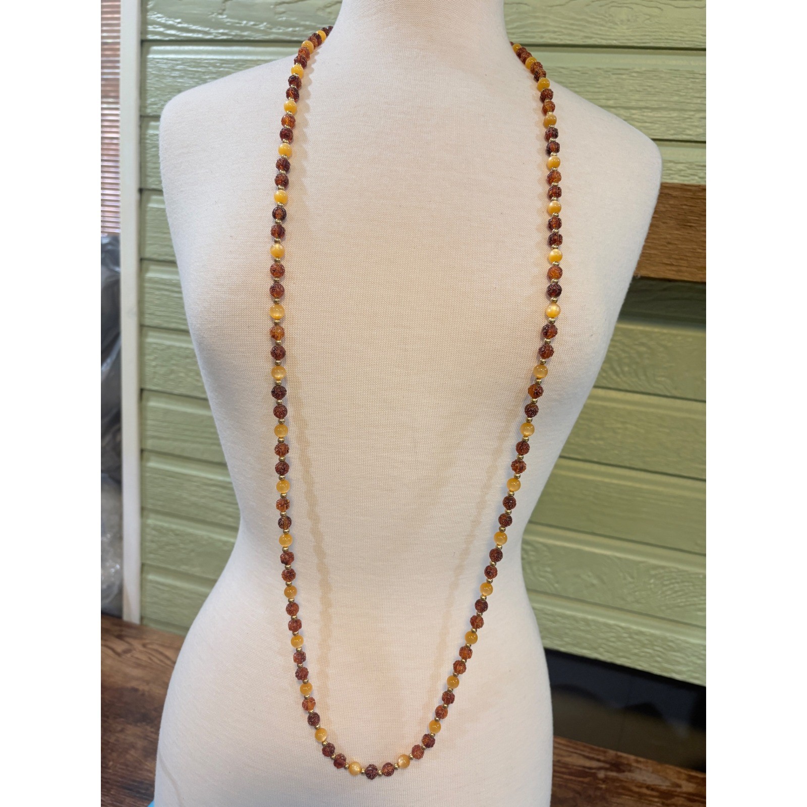 Vintage Yellow Carved Floral Beaded Opera Necklace 50 Inch Long Boho Retro