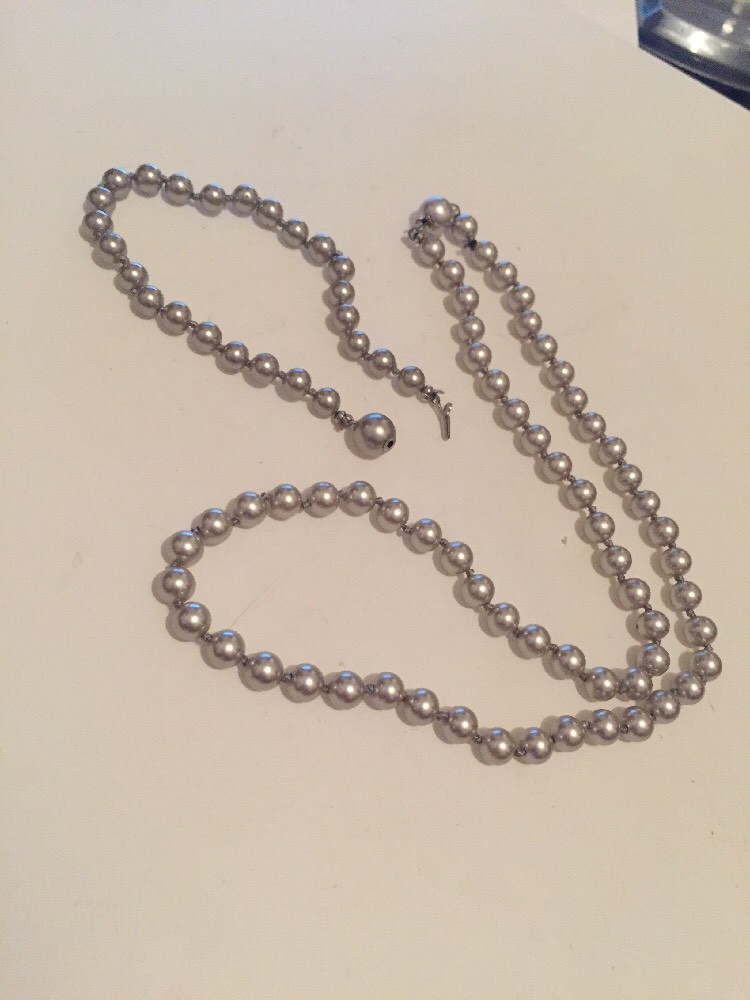 Gray Glass Pearl Necklace and Bracelet Set. Beautiful Set with hidden Clasp 20″