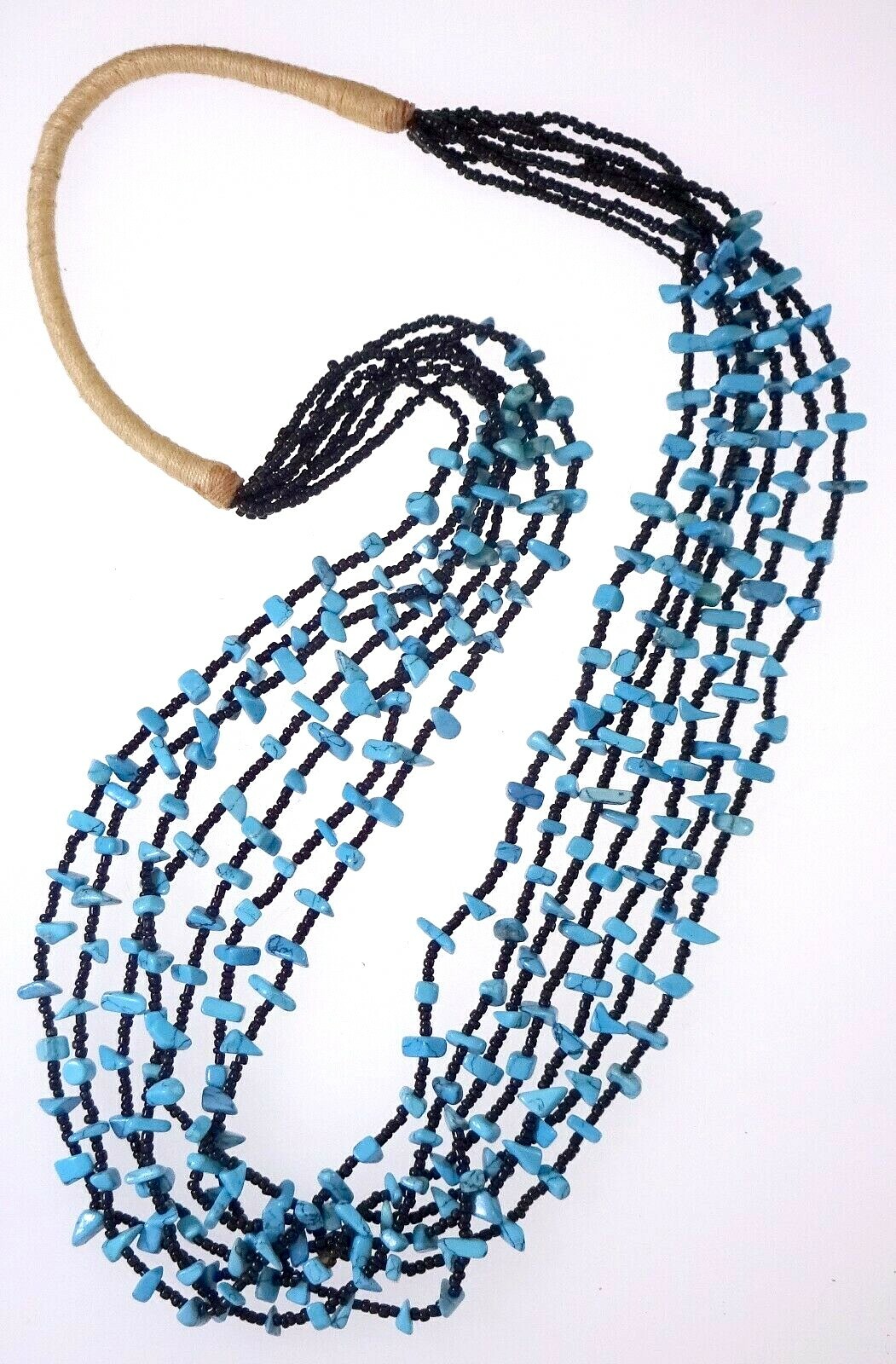 Vintage Multi Strand Turquoise & Black Glass Seed Bead Squaw Wrap Necklace