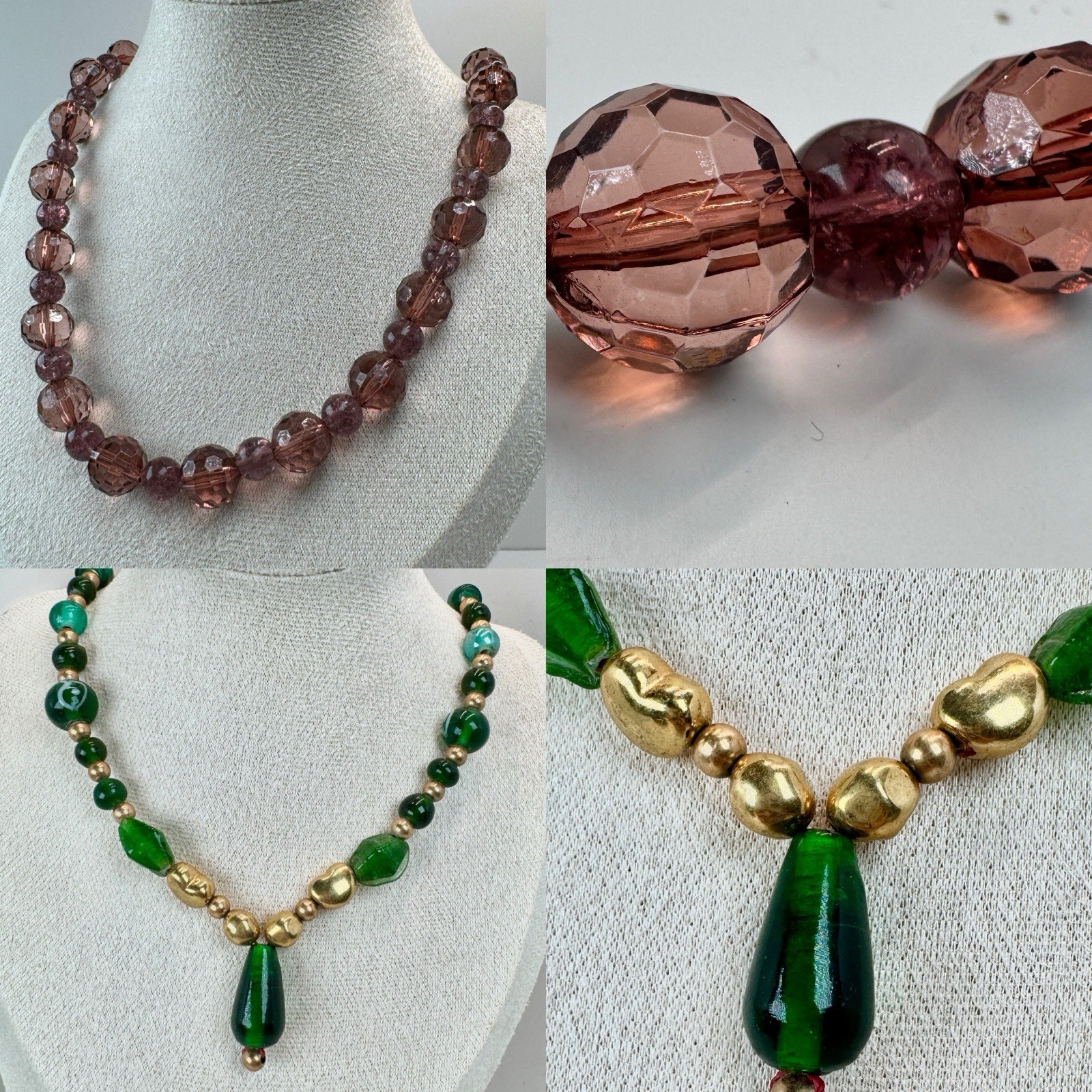 Lot Of 2 VTG Bead Necklaces – Purple Glass & Green Gold Tone Statement