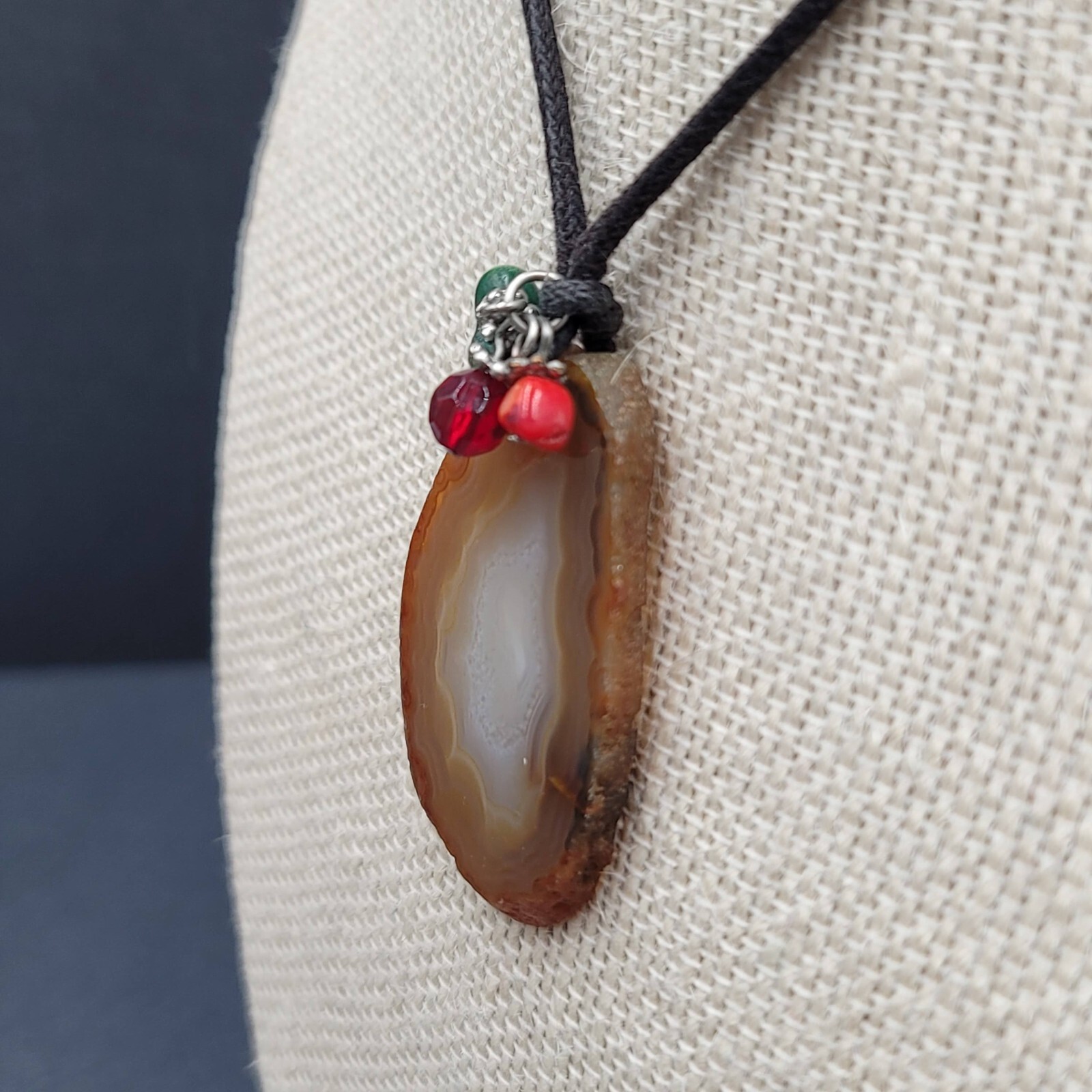 Banded Agate Geode Slice Pendant Necklace Beads Black Cord 15″-18″