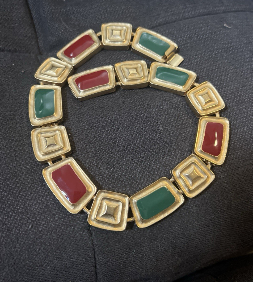 Vintage Green & Red Enamel Panel Chunky Gold Plated Necklace 16 1/2″