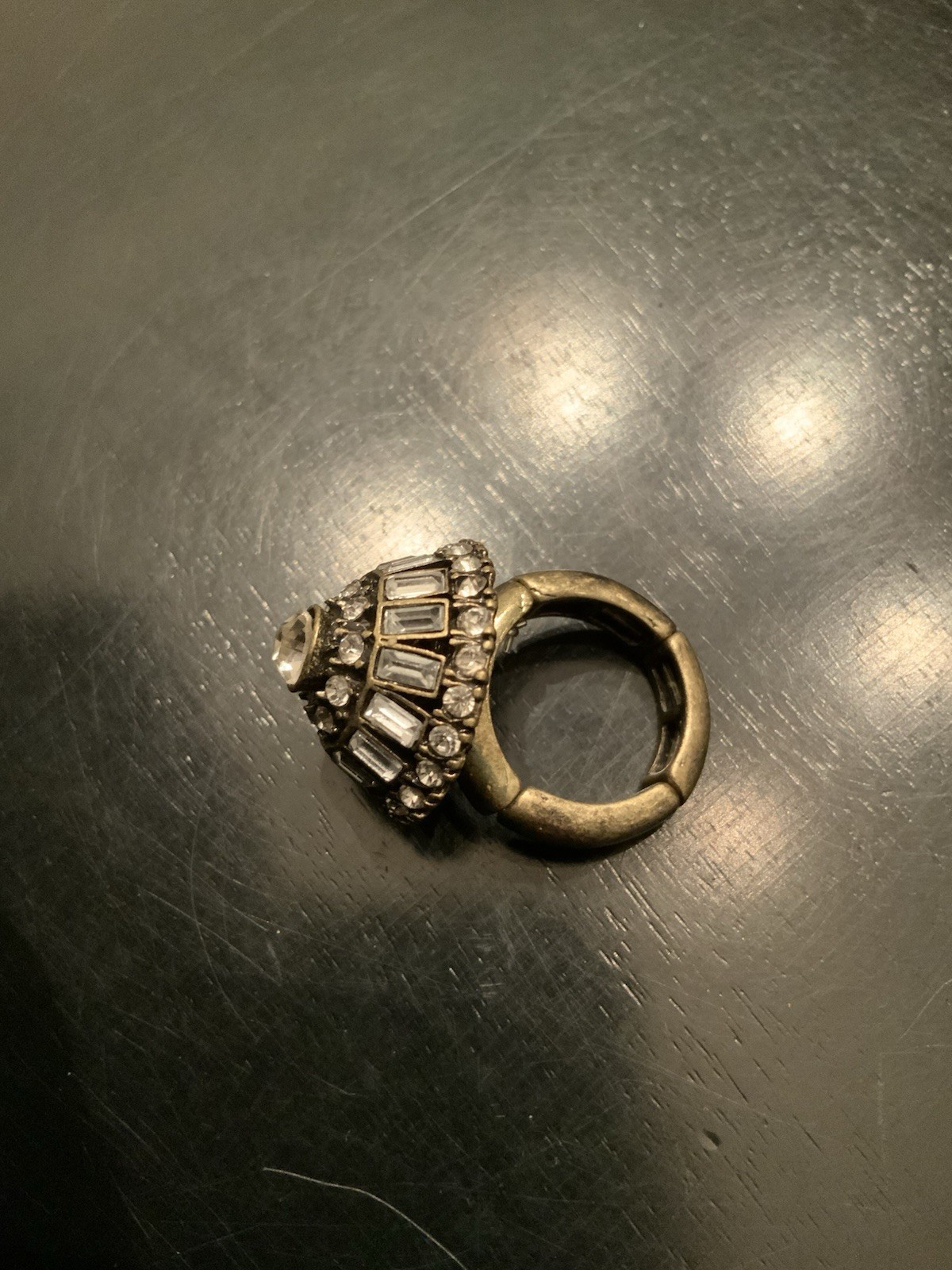 Gold Tone Rhinestone Dome Ring Stretch Tubular Band Fits Various Sizes Boho