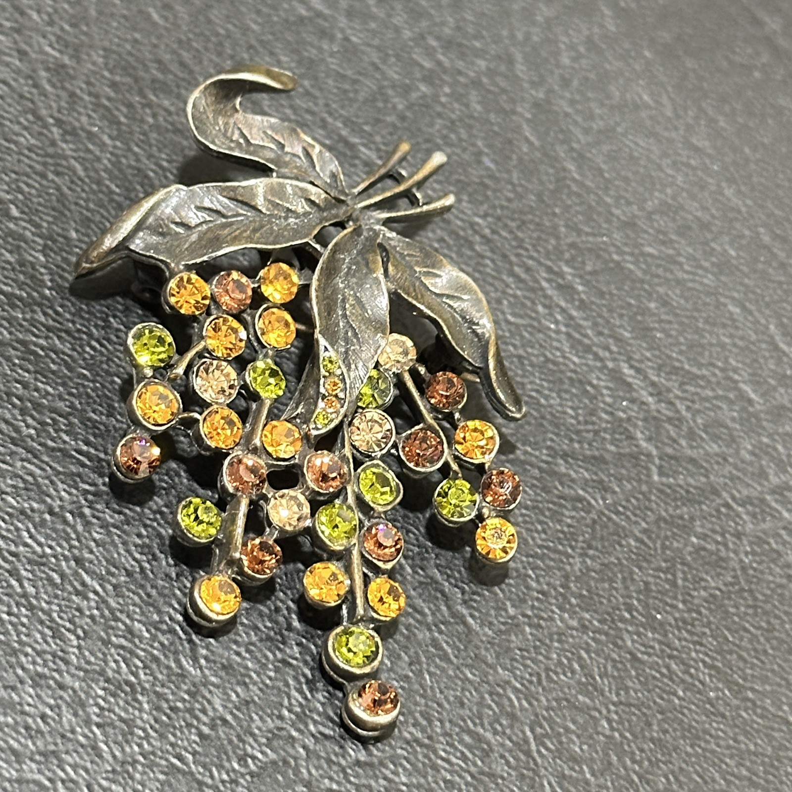 Vintage Rhinestone Leaf Spray Brooch Green Gold Brown Fall Colors Sparkle Autumn