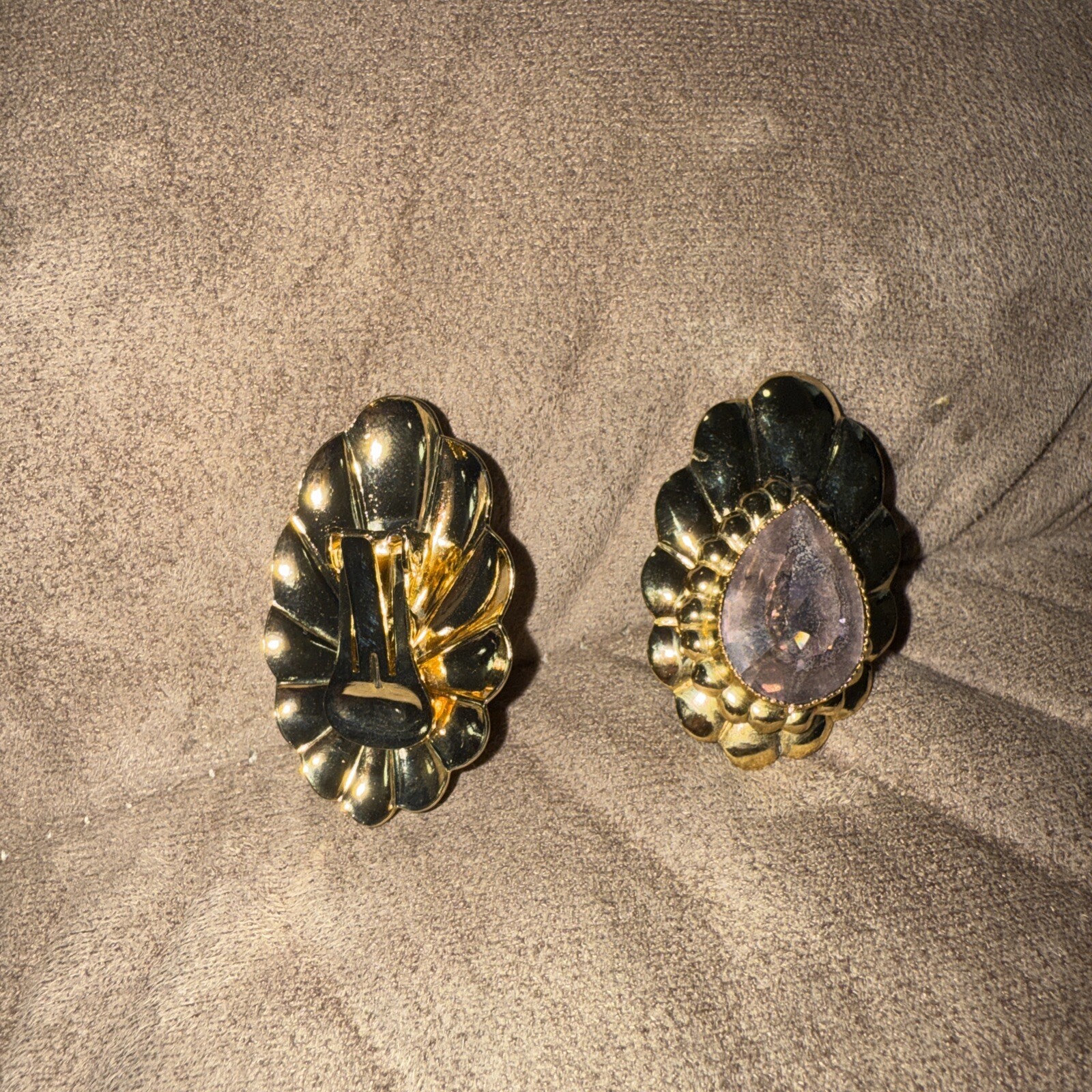 Vintage Brooch And Clip Earring. Purple and blue Stone gold tone Quality B