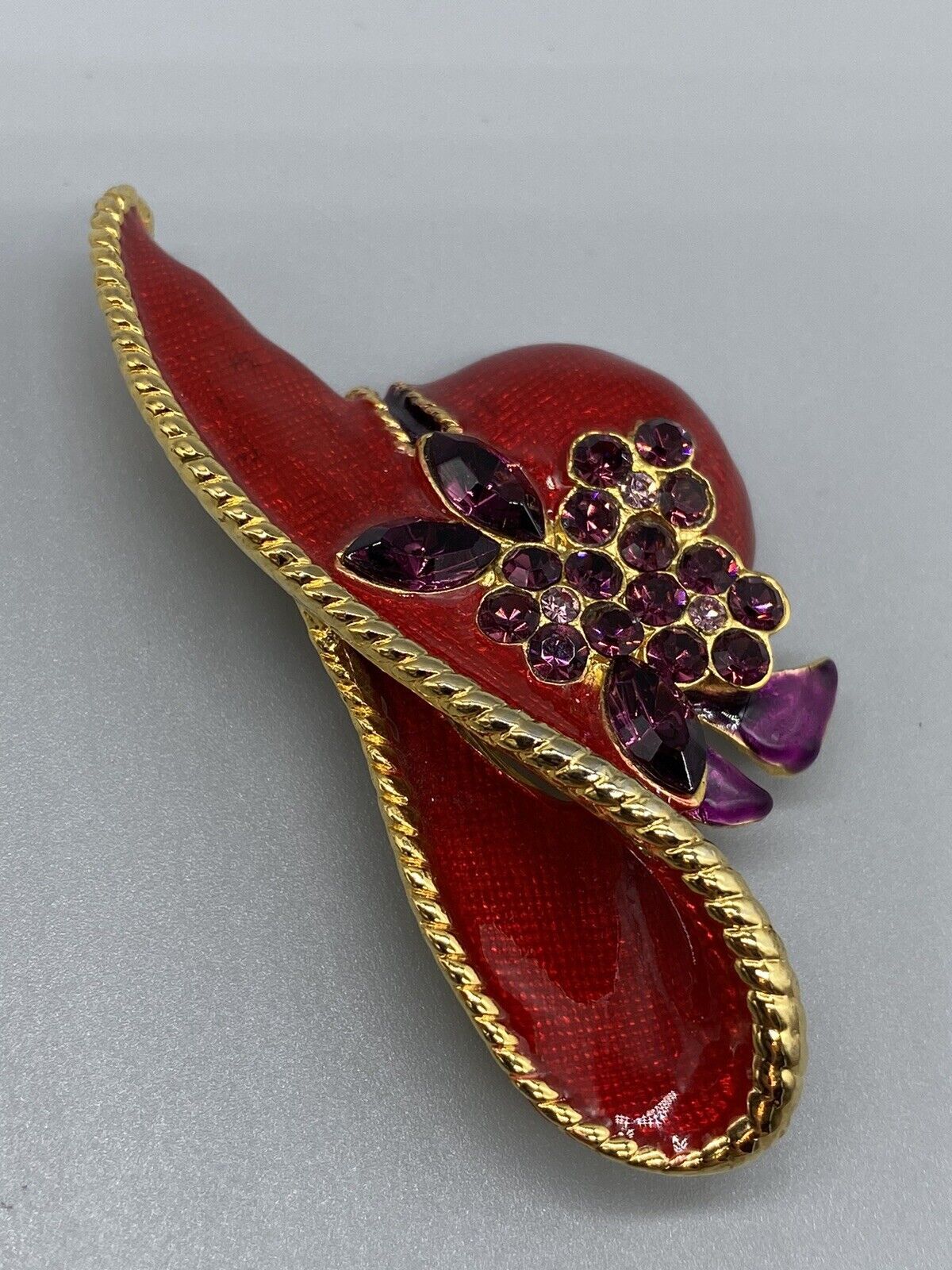 Vintage Lady Hat Red Enamel Floral Ribbon Purple Rhinestone Gold Tone Brooch Pin